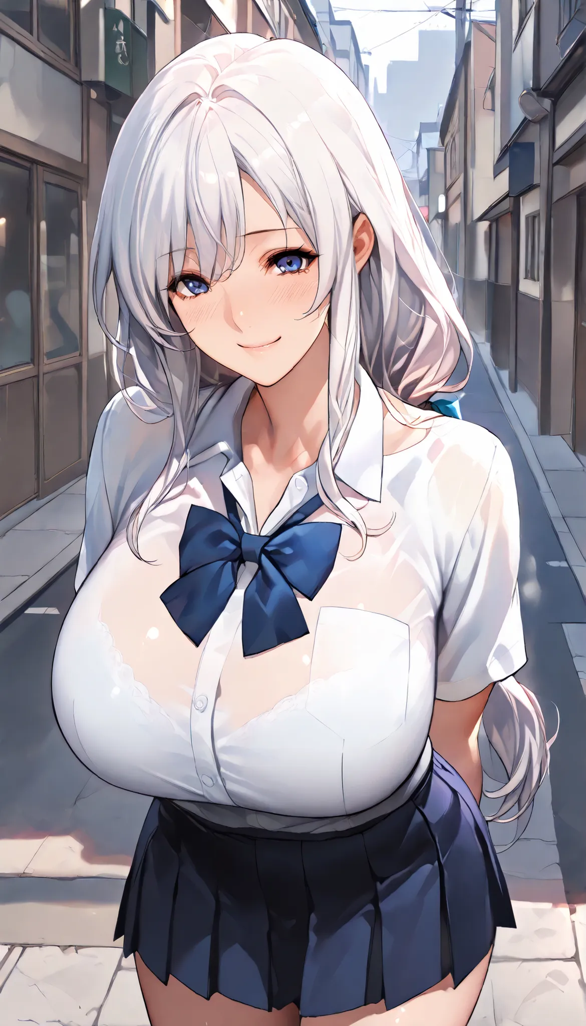 Modern Backgrounds,A female with slim body(older girl),huge oppai,shiny skin,(Wearing A loose JK skirt),(Loose school uniform)(See-through),((Arms behind back)),On the street in a residential area,(White hair,low-tied long hair),Blue Eyes,light smile,sligh...