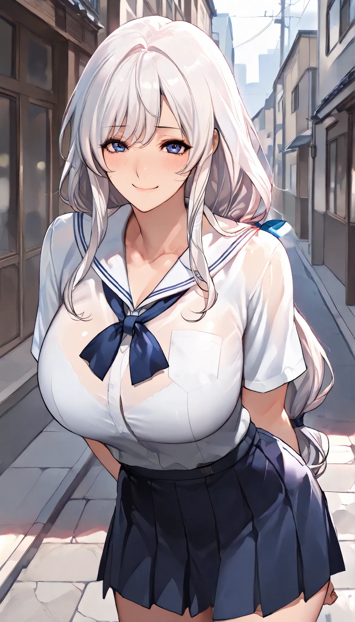Modern Backgrounds,A female with slim body(older girl),huge oppai,shiny skin,(Wearing A loose JK skirt),(Loose school uniform)(See-through),((Arms behind back)),On the street in a residential area,(White hair,low-tied long hair),Blue Eyes,light smile,sligh...