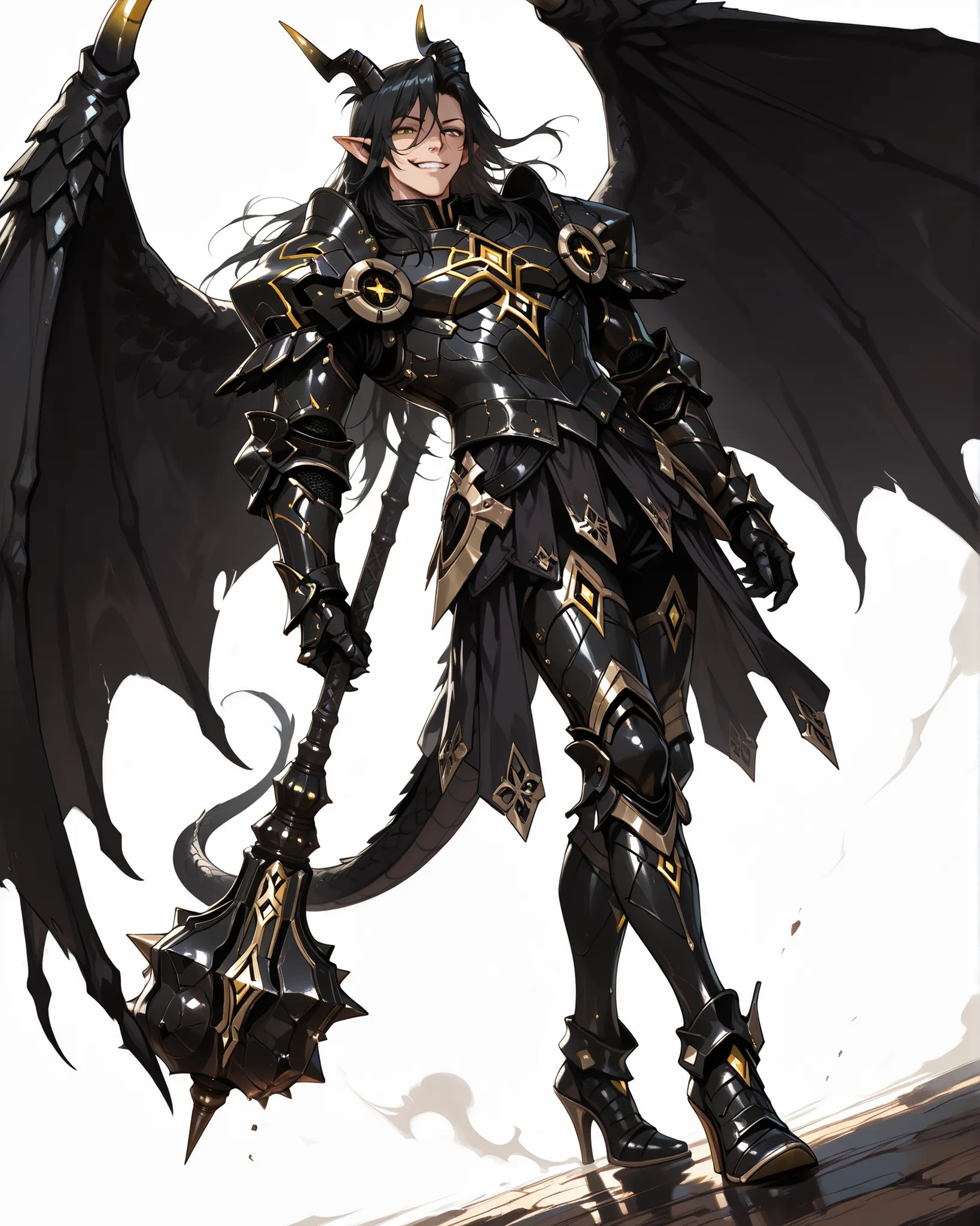 score_9, absurdres, (masterpiece, best quality: 1. 5), highres, 8K wallpaper, CG, (((Anime))), (1 male), solo, lean body, (masculine), (floating in the air), weredragon, japanese anime style, glossy black, shiny black leather, ((beautiful golden eyes, fine...