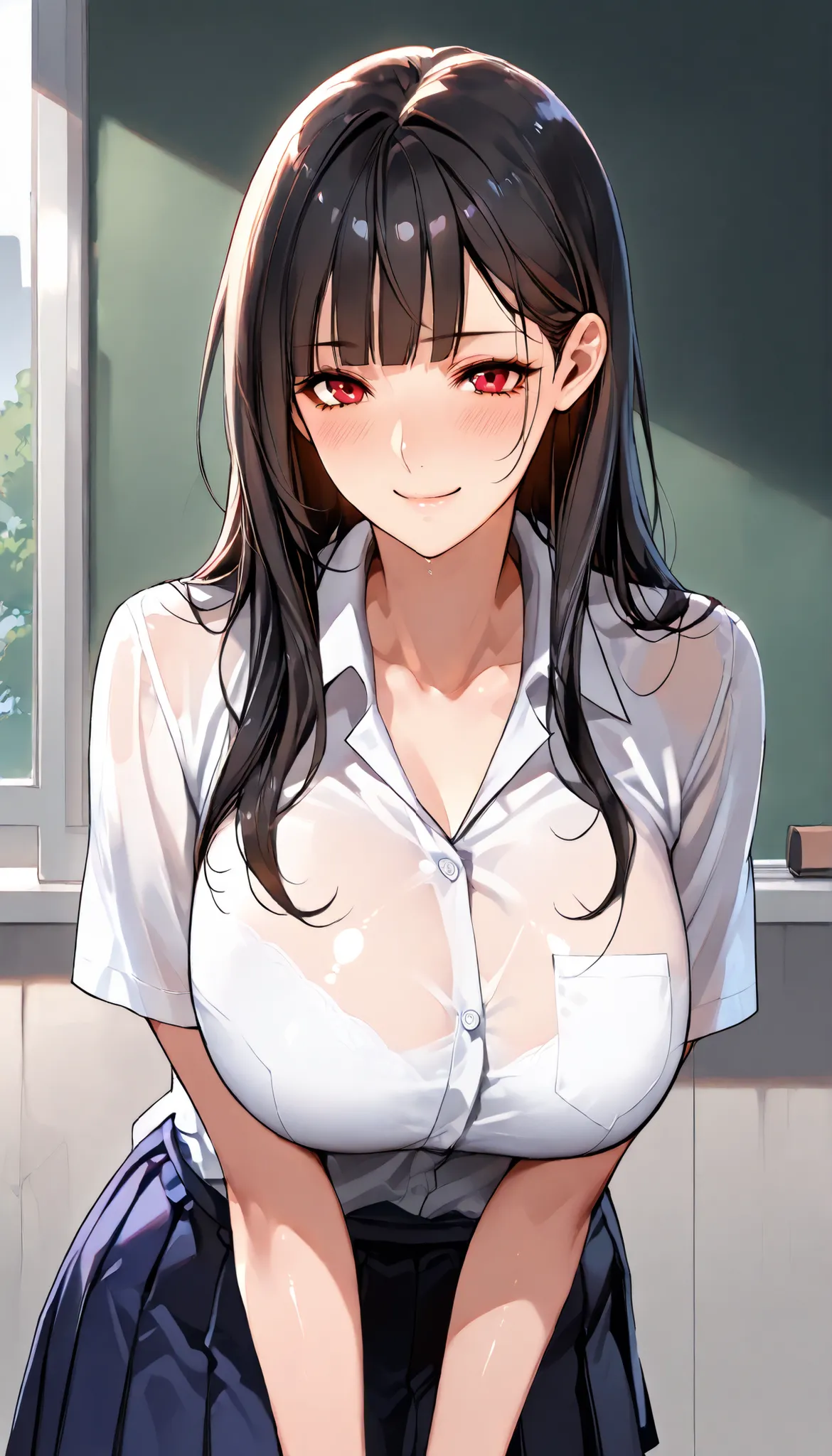Modern Backgrounds,A female with slim body(older girl),red eyes,huge oppai,shiny skin,(Wearing A loose JK skirt),(Loose school uniform)(See-through),In The school,(Black long hair, straight hair, blunt bangs,hair behind ear), Chest compression,light smile,...