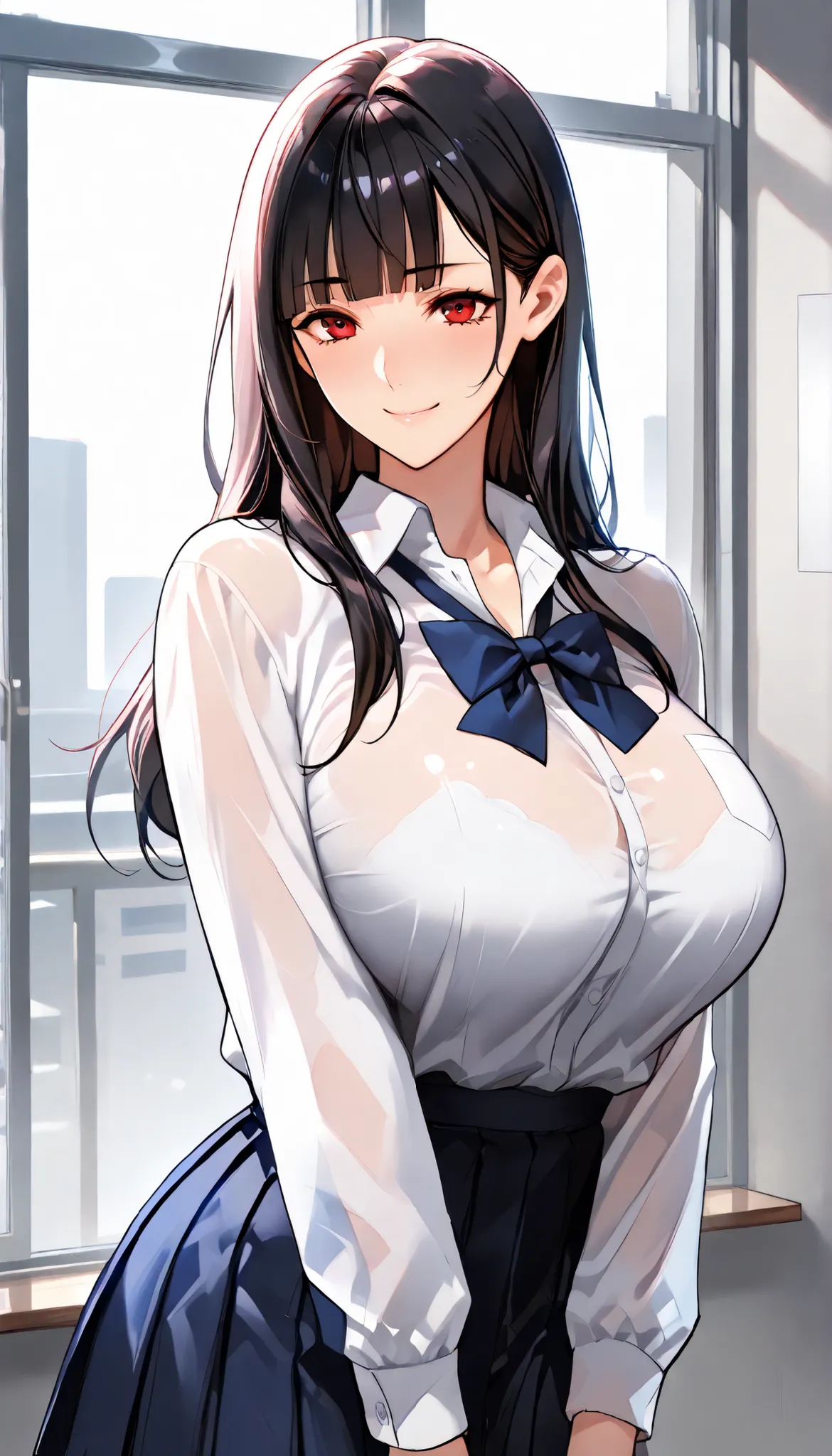 Modern Backgrounds,A female with slim body(older girl),red eyes,huge oppai,shiny skin,(Wearing A loose JK skirt),(Loose school uniform)(See-through),In The school,(Black long hair, straight hair, blunt bangs,hair behind ear), Chest compression,light smile,...