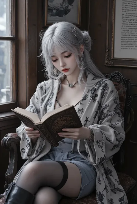 Highest Quality,masterpiece,highest resolution,photorealistic,Cinema Light,Professional Lighting,(She's reading a collection of poems:1.5),anatomically correct,完璧な比率,perfect female body,Highest Qualityのリアルな質感の肌,Highest Qualityのテクスチャの髪,medium hair,Wave Hai...
