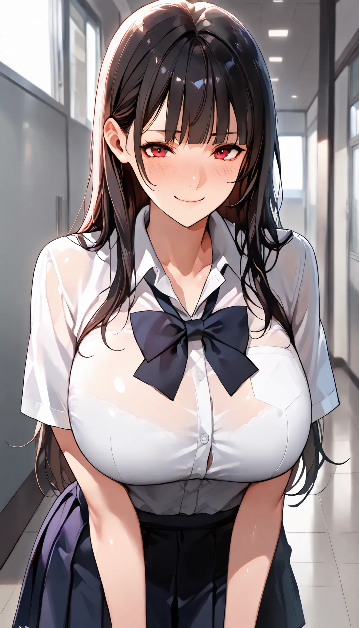 Modern Backgrounds,SOLO,A female with slim body(older girl),red eyes,huge oppai,shiny skin,(Wearing A loose JK skirt),(Loose Short sleeves school uniform)(See-through),In The school,(Black long hair, straight hair, blunt bangs,hair behind ear), Chest compr...