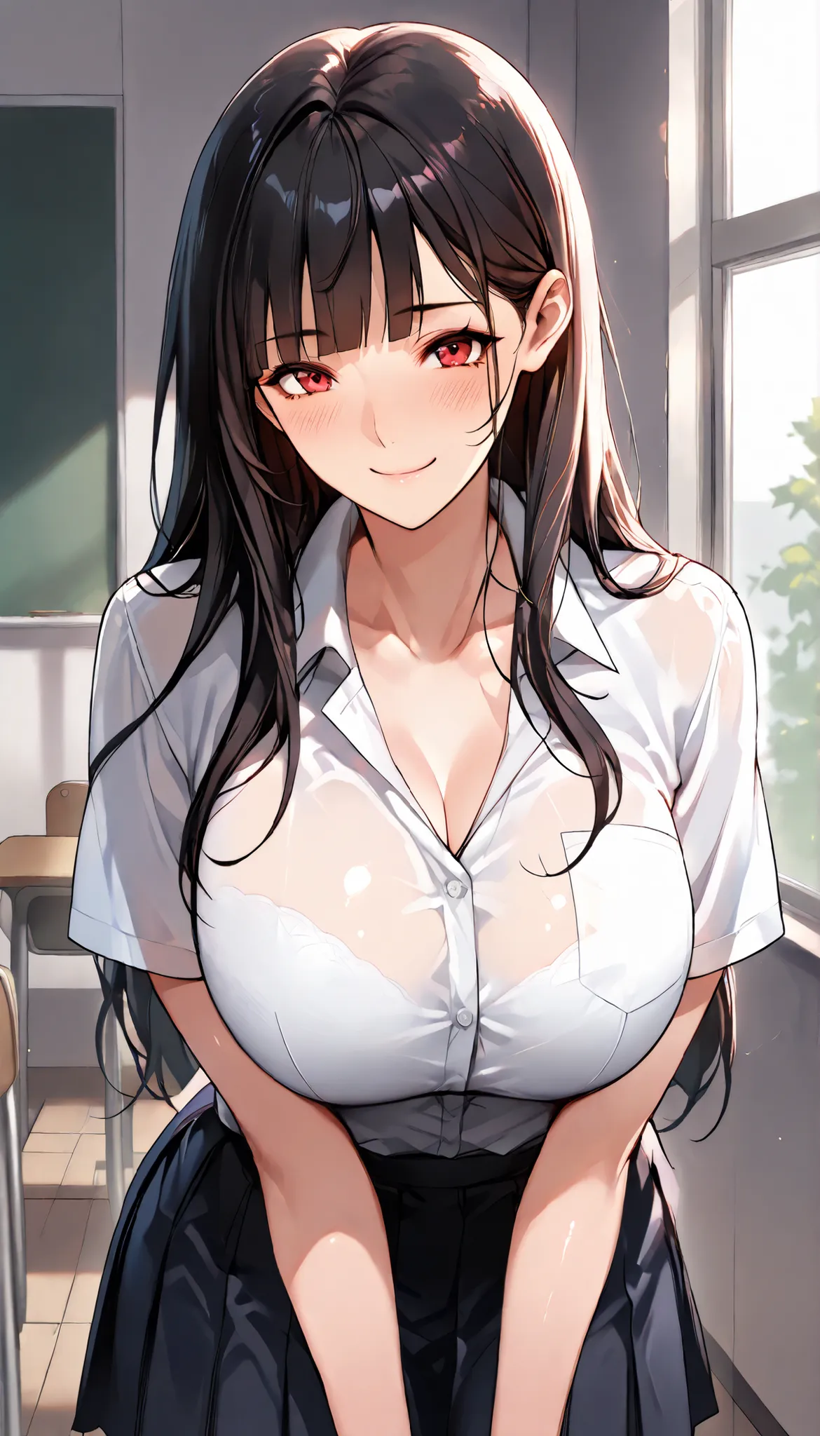 Modern Backgrounds,SOLO,A female with slim body(older girl),red eyes,huge oppai,shiny skin,(Wearing A loose JK skirt),(Loose Short sleeves school uniform)(See-through),In The school,(Black long hair, straight hair, blunt bangs,hair behind ear), Chest compr...