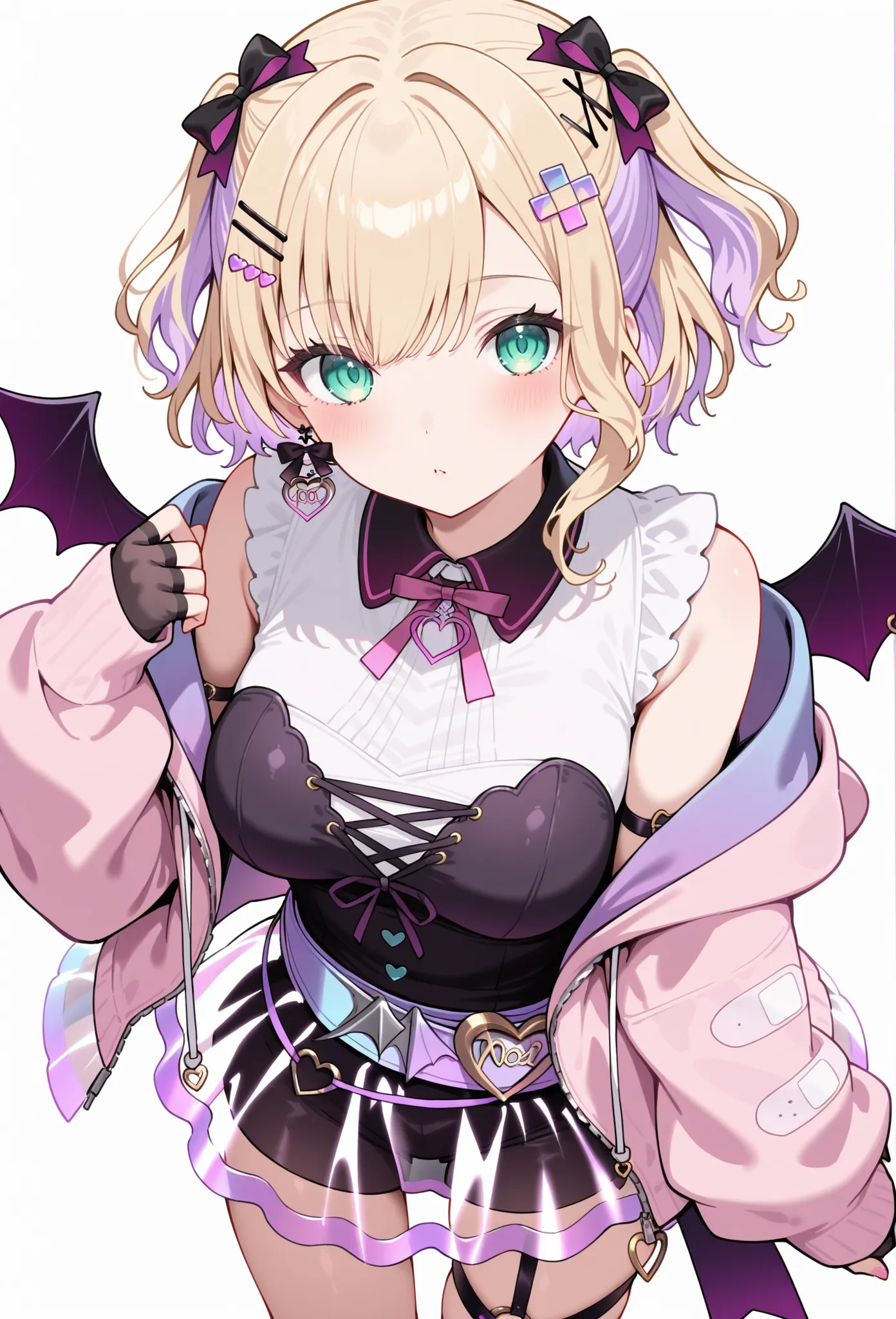 noah1, short hair, blonde hair, purple hair, two side up, hair bow, hairclip, hair ornament, green eyes, demon wings, breasts, neck ribbon, sleeveless shirt, pink jacket, fingerless gloves, black gloves, belt, see-through skirt, thigh strap