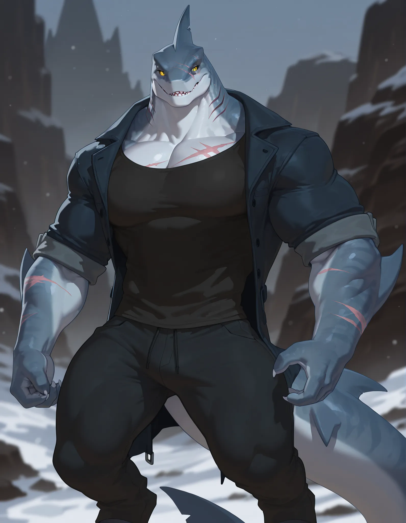 masterpiece, best quality, amazing quality, very aesthetic, absurdres, newest, scenery, extreme detail, 8k, dnd character, anthro shark, detailed eyes, yellow eyes, by Riolutiny, anthro, shark, male, scalie, anthro shark, anthro megalodon, hunk, gray body,...