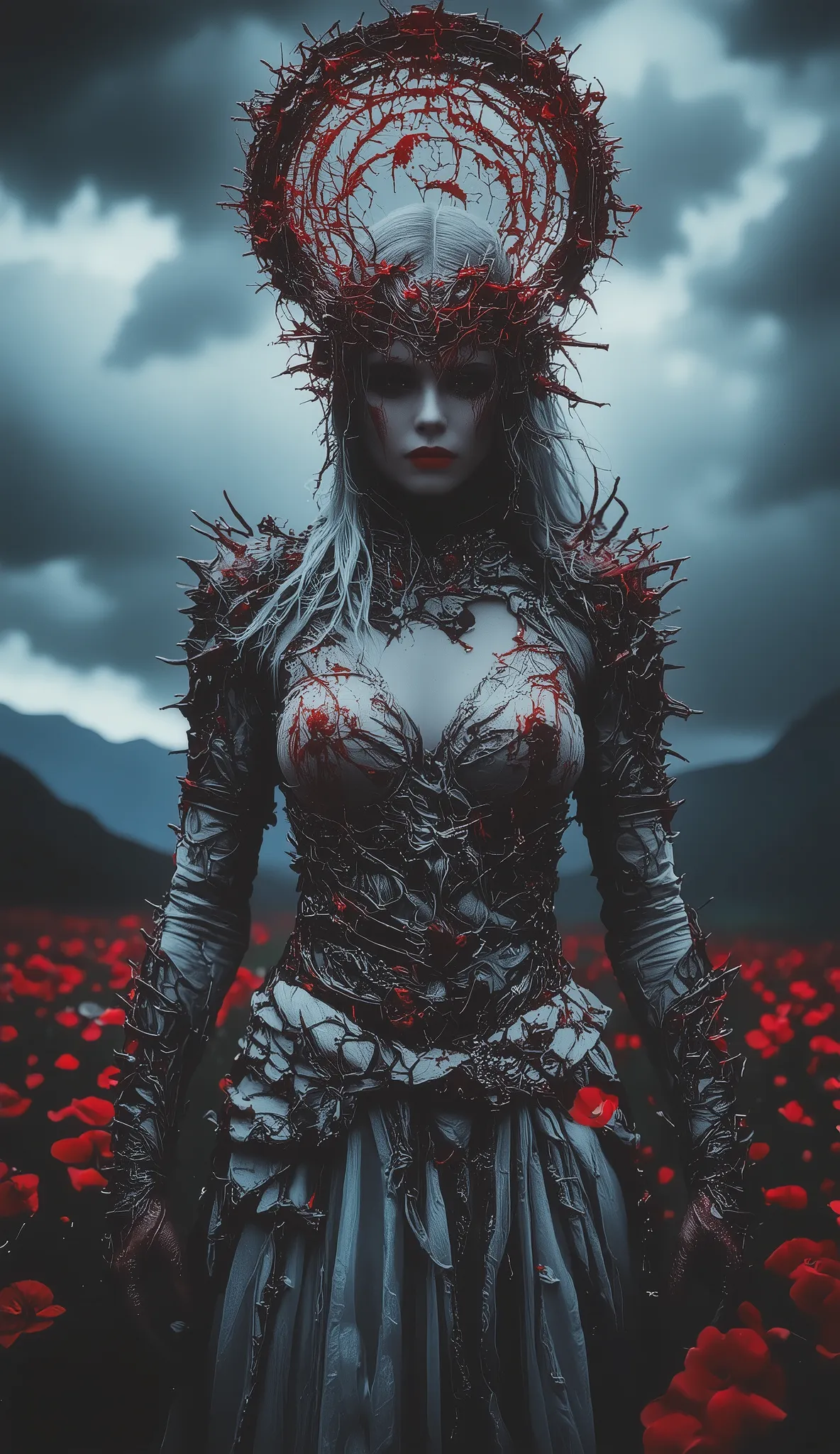 (best quality, 128k,highres,masterpiece:1.2),ultra-detailed,(realistic,photorealistic,photo-realistic:1.37), ((masterpiece)) ((photography)) ((Highest quality)) A dark fantasy female warrior standing in a blood-drenched battlefield, wearing an organic and ...