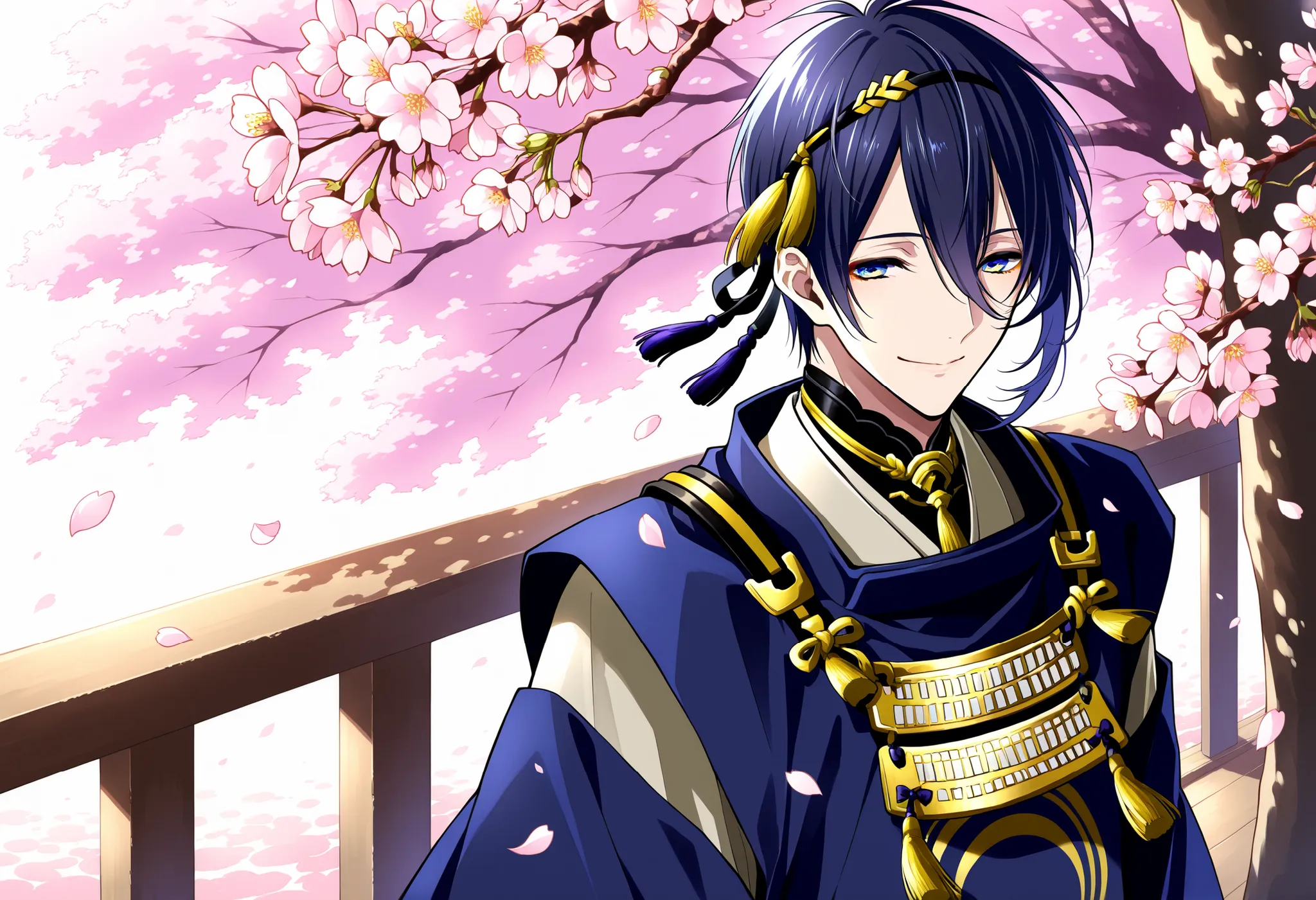 Mikazuki Munechika 、Touken Ranbu、 cherry blossoms dance、 warm sunshine、hair swaying in the wind、 Smile、magical effects、detailed、