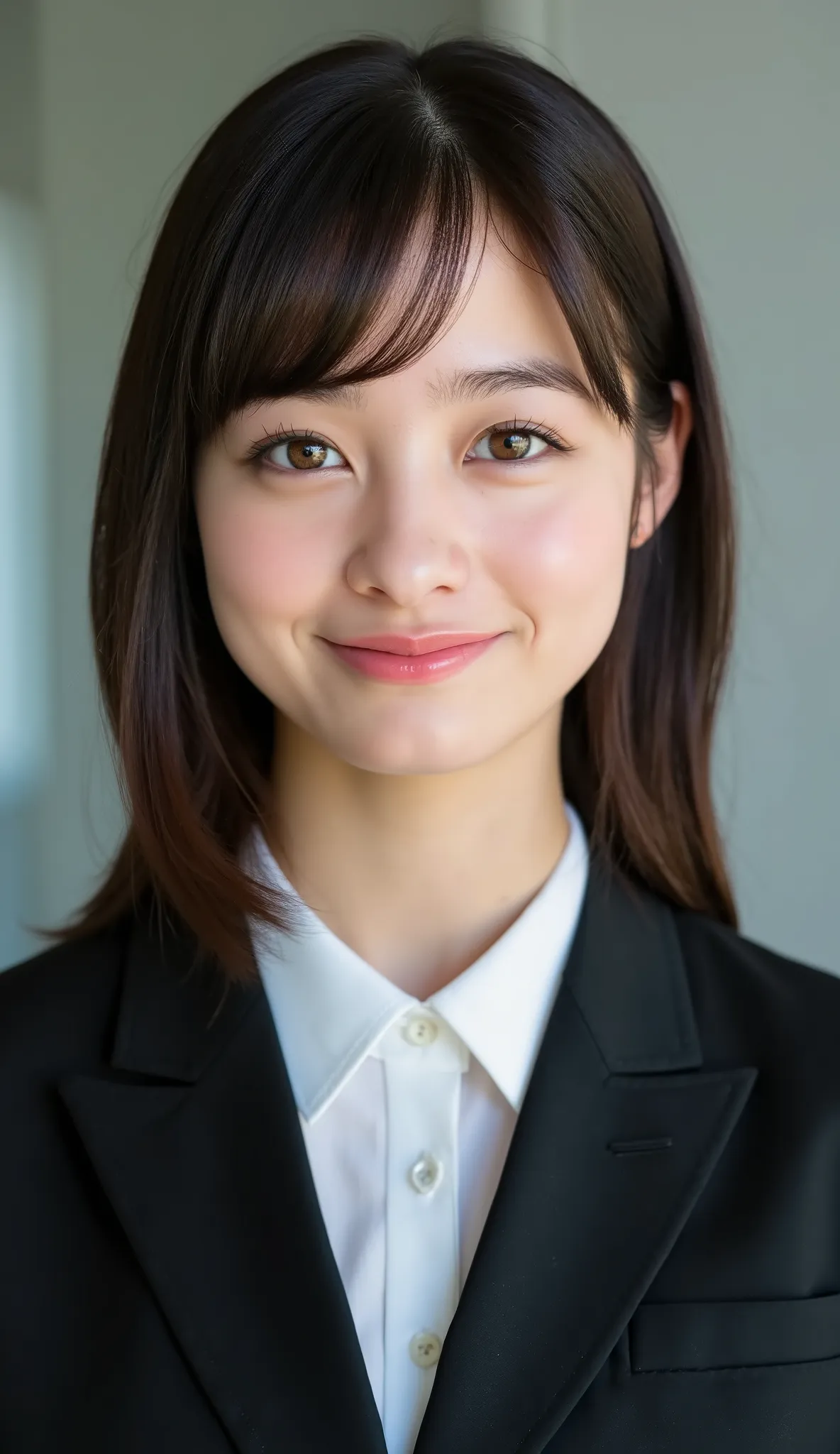 Neat Young Woman、and look at the camera、smile showing teeth、office lady suit、jacket、shirt、ear piercing、dark eyeshadow、Background is in a room、upper body、