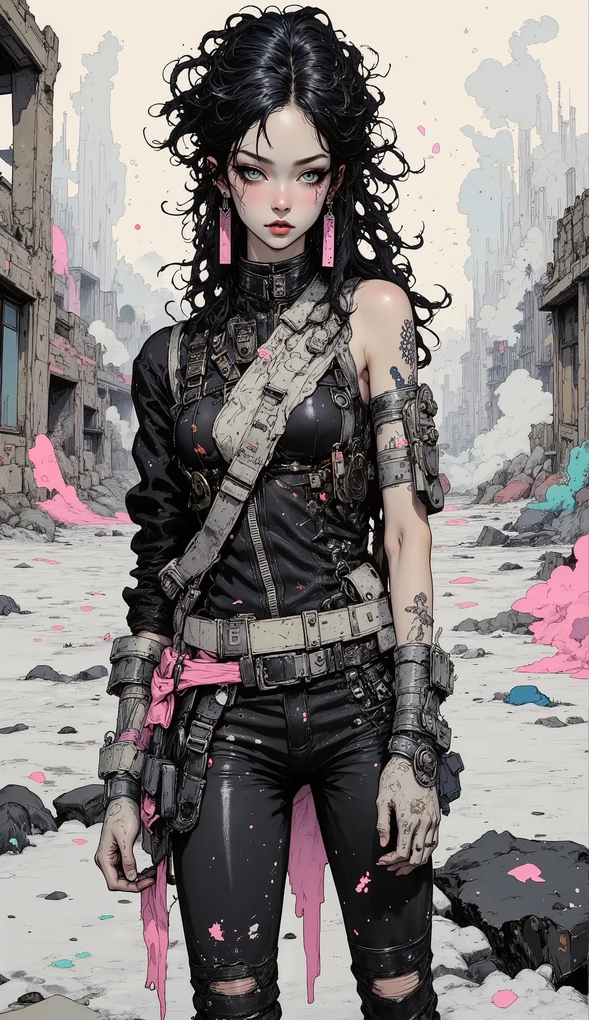 Realistic digital art. Realistic image of an unreal apocalypse girl. She stands with her head slightly turned towards the viewer. A very beautiful, slender, muscular European-type girl. Pale skin. Beautiful, big turquoise eyes. The look is incredulous and ...
