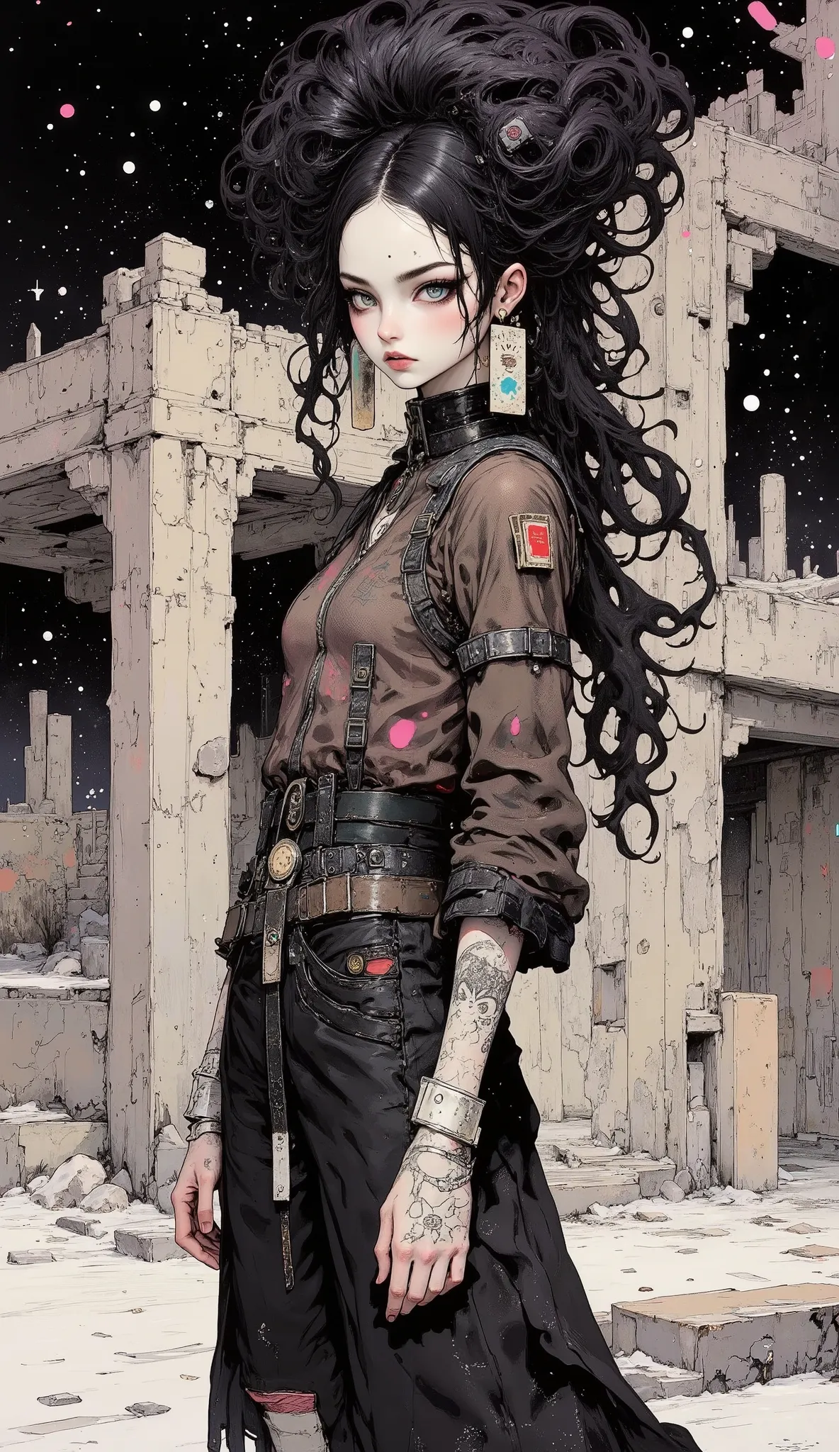 Realistic digital art. Realistic image of an unreal apocalypse girl. She stands with her head slightly turned towards the viewer. A very beautiful, slender, muscular European-type girl. Pale skin. Beautiful, big turquoise eyes. The look is incredulous and ...