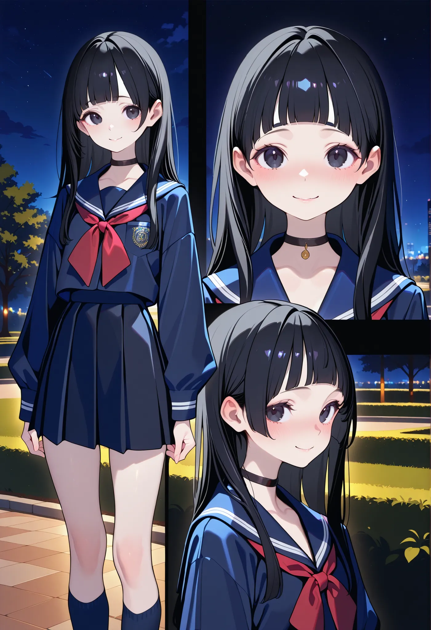 masterpiece,best quality,offical art,very aesthetics of fine arts,1girl,solo,long hair,black hair,black eyes,flat chest,blunt bangs,short bangs,slim,multiple views,standing view+long serafuku+pleated skirt+kneehighs+clothed,(pale skin:0.8),(shinny skin:0.8...