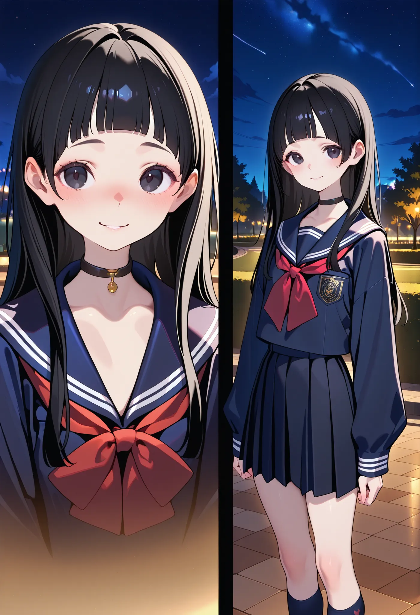 masterpiece,best quality,offical art,very aesthetics of fine arts,1girl,solo,long hair,black hair,black eyes,flat chest,blunt bangs,short bangs,slim,multiple views,standing view+long serafuku+pleated skirt+kneehighs+clothed,(pale skin:0.8),(shinny skin:0.8...