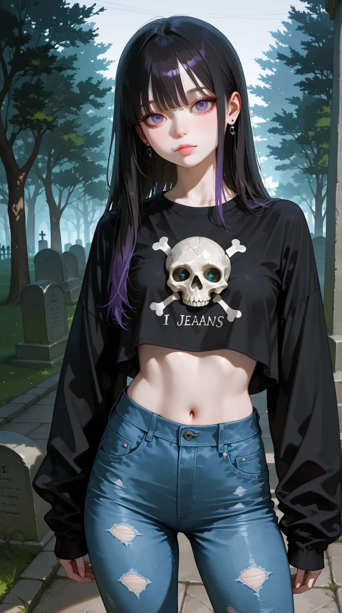 Realistic Depictions、Young Goth, I'm wearing a black crop top with a skull pattern、I' jeans, In the background is a cemetery