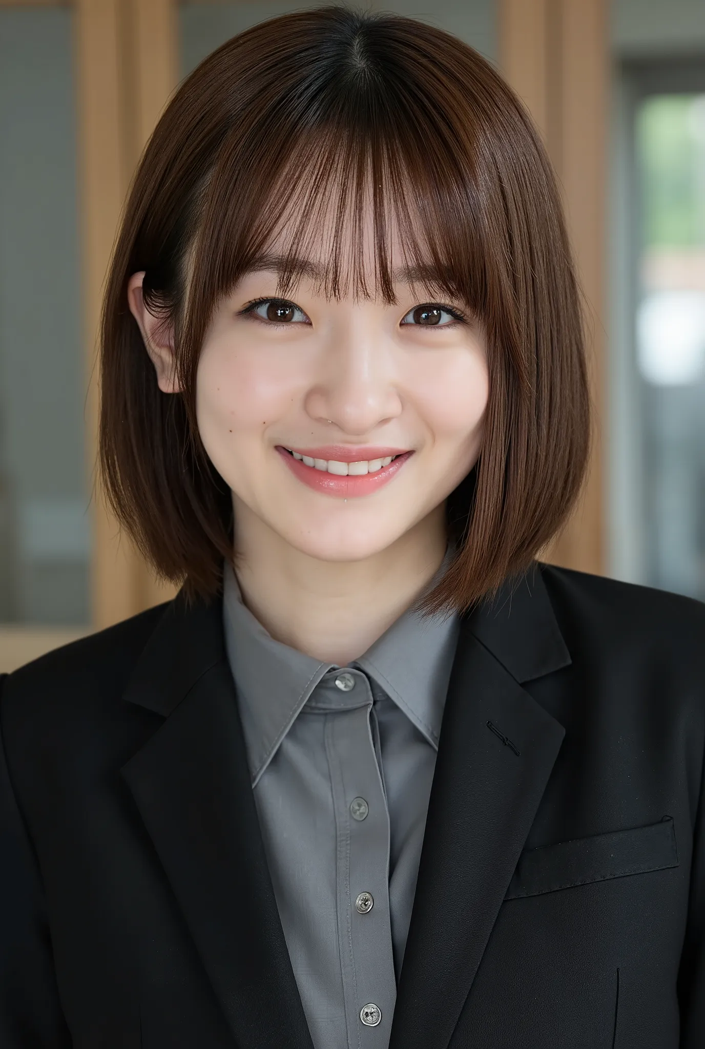 Neat Young Woman、and look at the camera、smile showing teeth、office lady suit、jacket、shirt、Hairstyle Shortcuts、bob hair、 pale brown hair、necklace、dark eyeshadow、upper body、Background is in a room、

