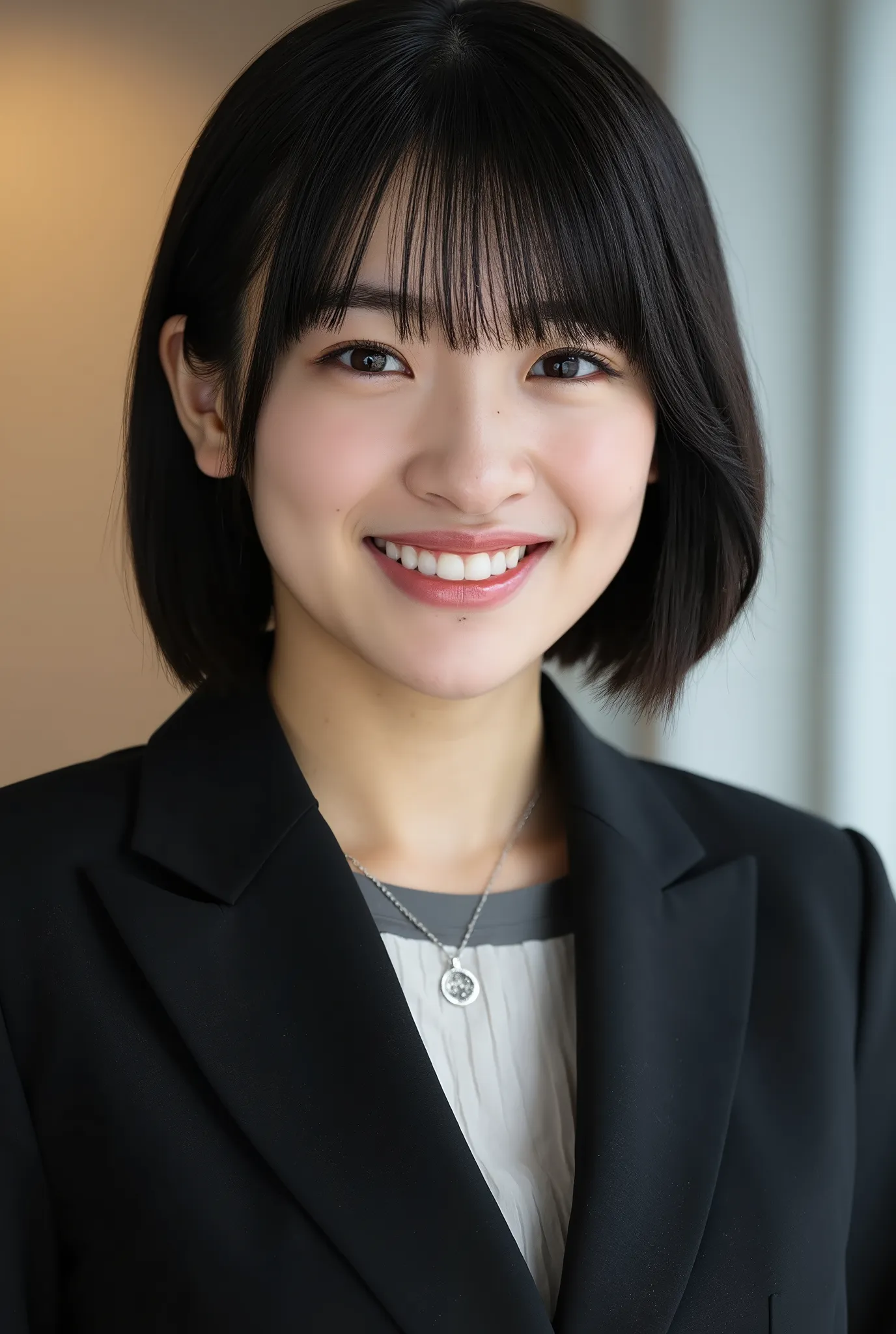 Neat Young Woman、and look at the camera、smile showing teeth、office lady suit、jacket、shirt、Hairstyle Shortcuts、bob hair、black hair、、necklace、dark eyeshadow、upper body、Background is in a room、
