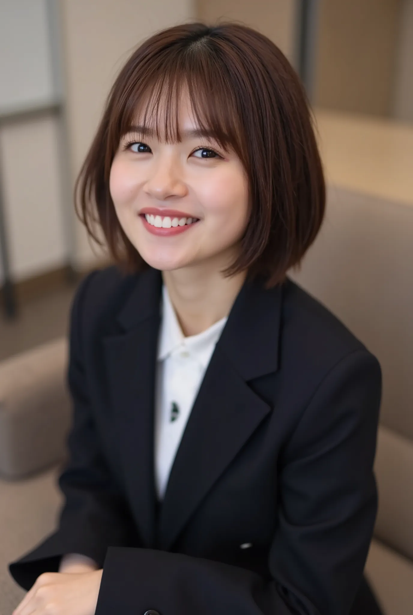 Neat Young Woman、and look at the camera、smile showing teeth、office lady suit、jacket、shirt、 pale brown hair、dark eyeshadow、upper body、Background is in a room、