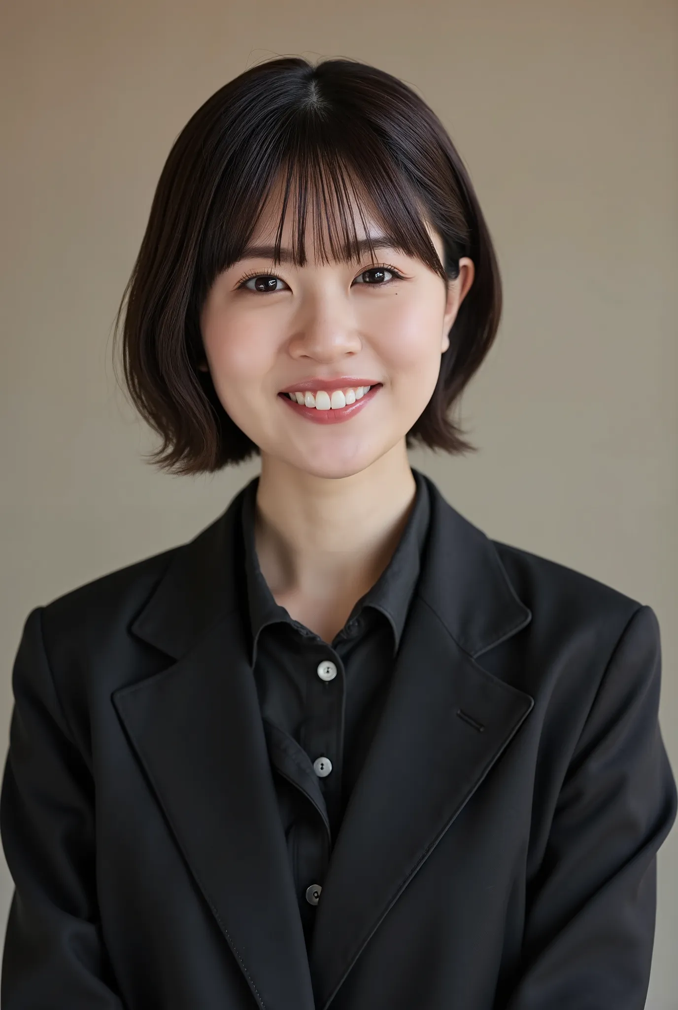 Neat Young Woman、and look at the camera、smile showing teeth、office lady suit、jacket、shirt、Hairstyle Shortcuts、black hair、、dark eyeshadow、upper body、Background is in a room、