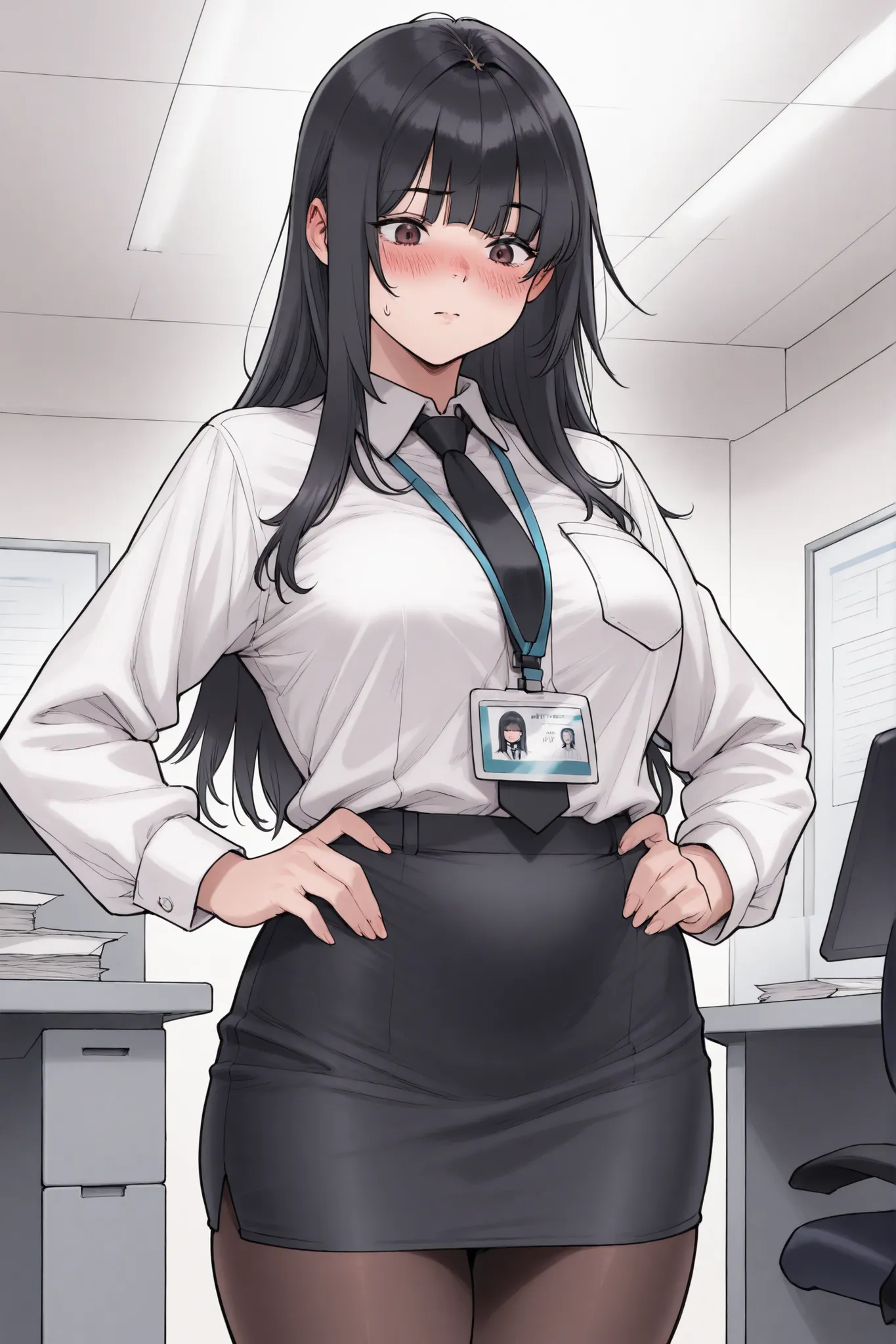 1 plumb girl, loose black hair, long bangs, blush lines, voluptuous, medium breasts, white shirt, black tie, short pencil skirt, pantyhose, hands on hips, id card, office room