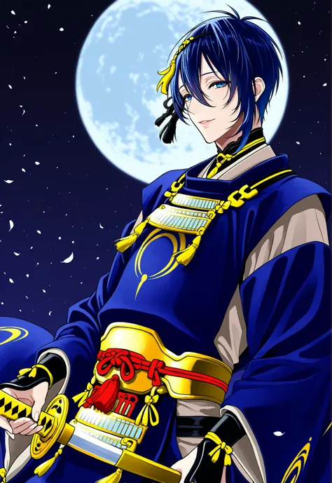 Mikazuki Munechika 、Touken Ranbu、hair swaying in the wind、blue hair、Blue short hair、blue eyes、magical effects、hold a sword、a dignified expression、 the night sky with the moon out、