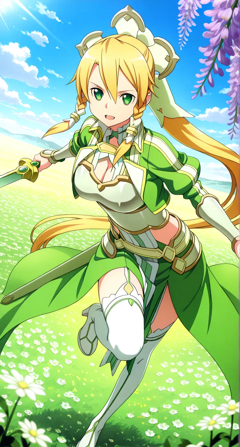 masterpiece,best quality,highres,ultra-detailed,masterpiece,detailed illustration,1girl,1 sword,leafa (sao),shiny beautiful woman,dynamic angle,dynamic pose,depth of field,green eyes,blonde hair,very long hair,ponytail,braid, twin braids,hair ornament,clea...