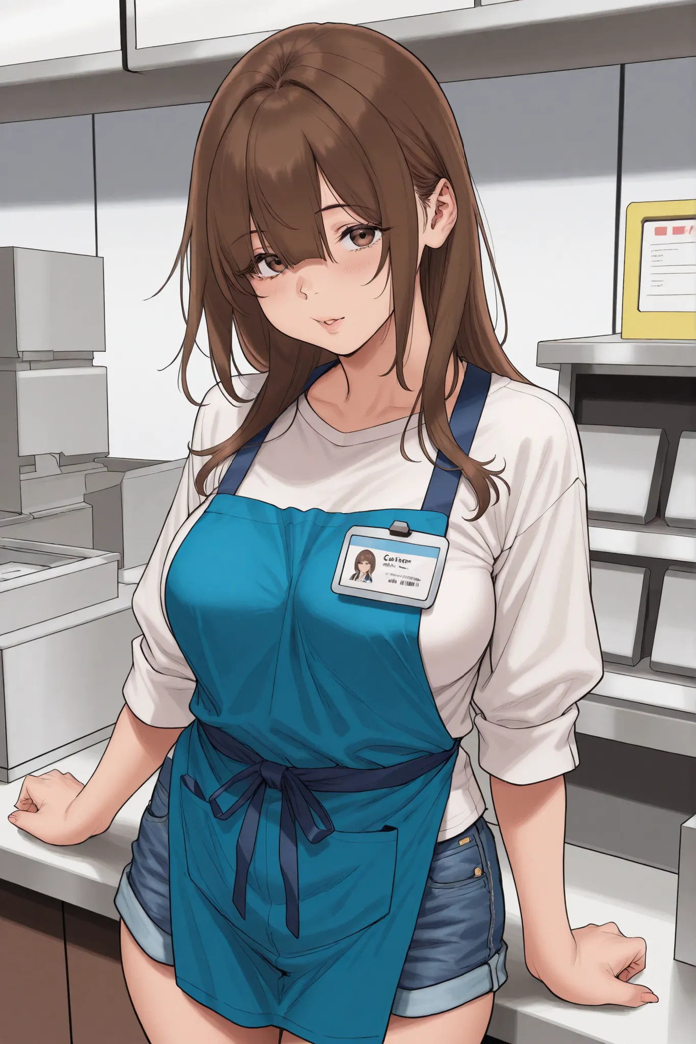 1 cashier girl, loose brown hair, long bangs, voluptuous, medium breasts, white shirt, blue apron, denim shorts, id card, store cashier