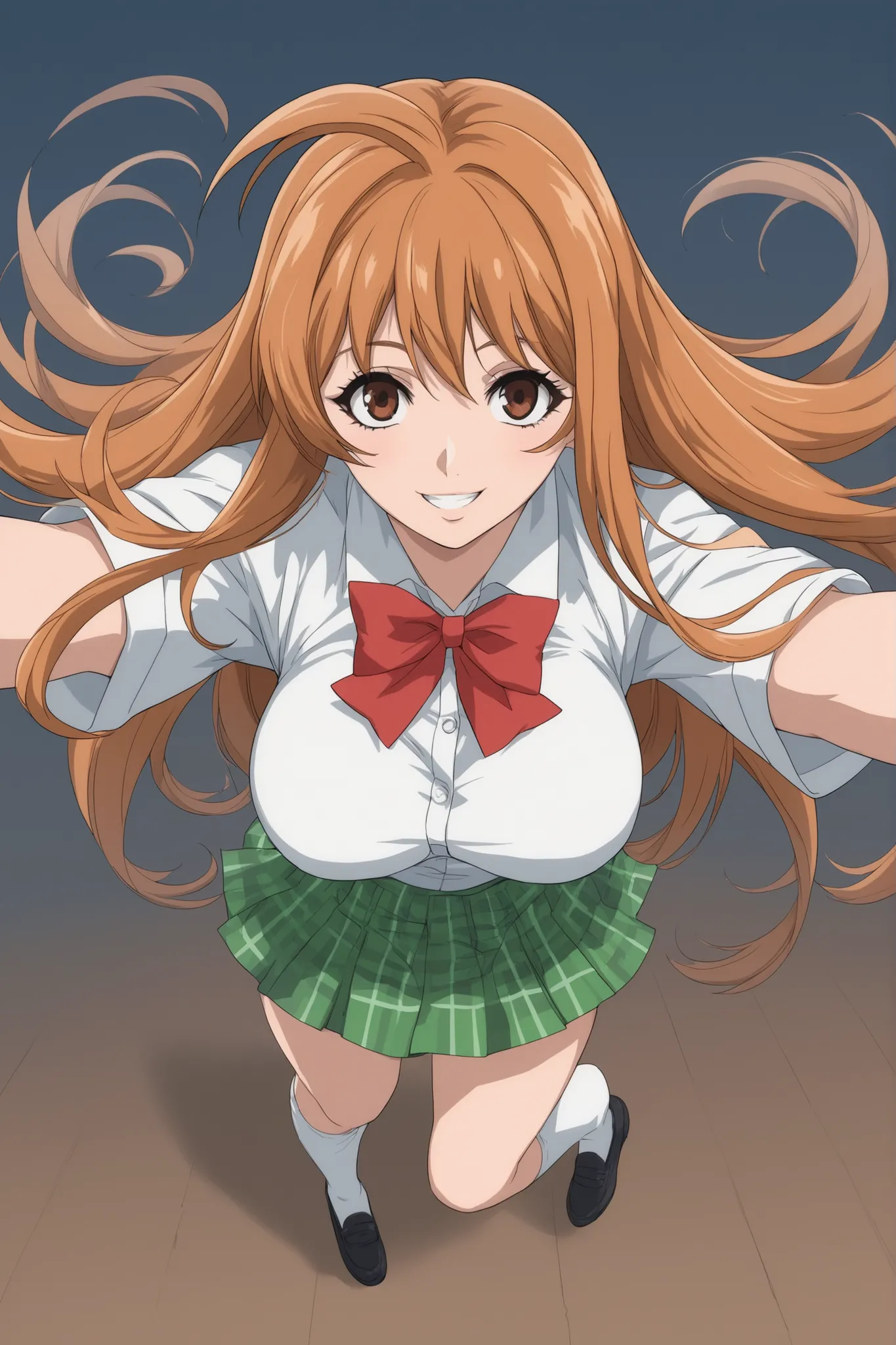 best quality,masterpiece,looking at viewer,absurdres,1girl,score_9,score_8_up,score_7_up,source_anime BREAK natsume aya,orange hair,long hair,brown eyes,ahoge,breasts,white ,skirt,bow,plaid,large breasts, plaid, green plaid skirt, smile, white socks, black...