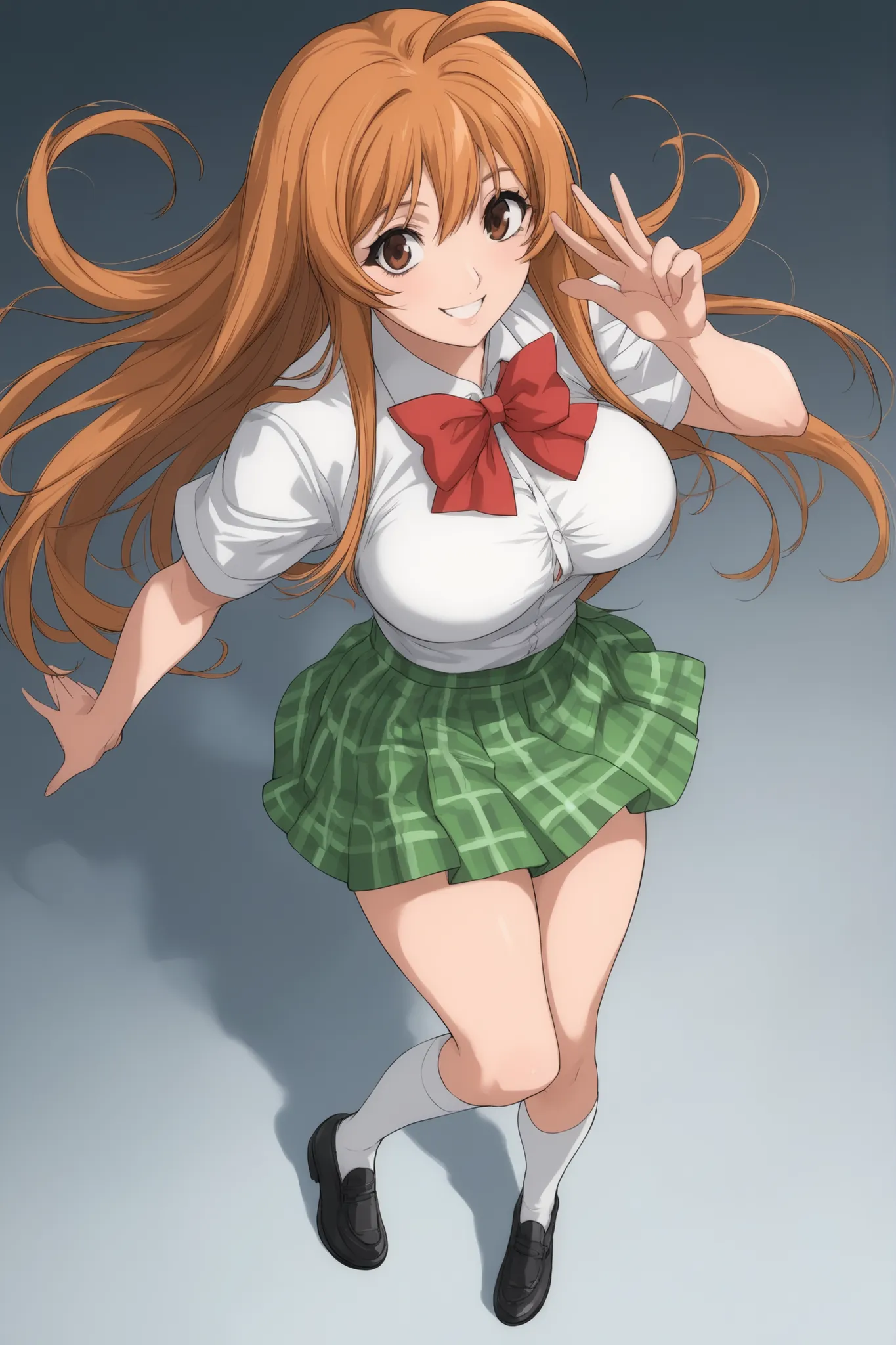 best quality,masterpiece,looking at viewer,absurdres,1girl,score_9,score_8_up,score_7_up,source_anime BREAK natsume aya,orange hair,long hair,brown eyes,ahoge,breasts,white ,skirt,bow,plaid,large breasts, plaid, green plaid skirt, smile, white socks, black...