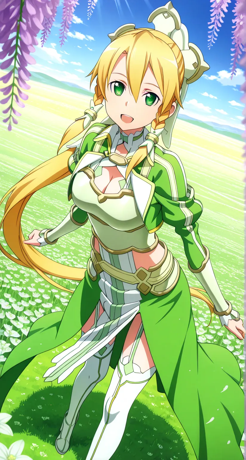 masterpiece,best quality,highres,ultra-detailed,masterpiece,detailed illustration,1girl,leafa (sao),shiny beautiful woman,dynamic angle,depth of field,green eyes,blonde hair,very long hair,ponytail,braid, twin braids,hair ornament,cleavage,dress,green dres...