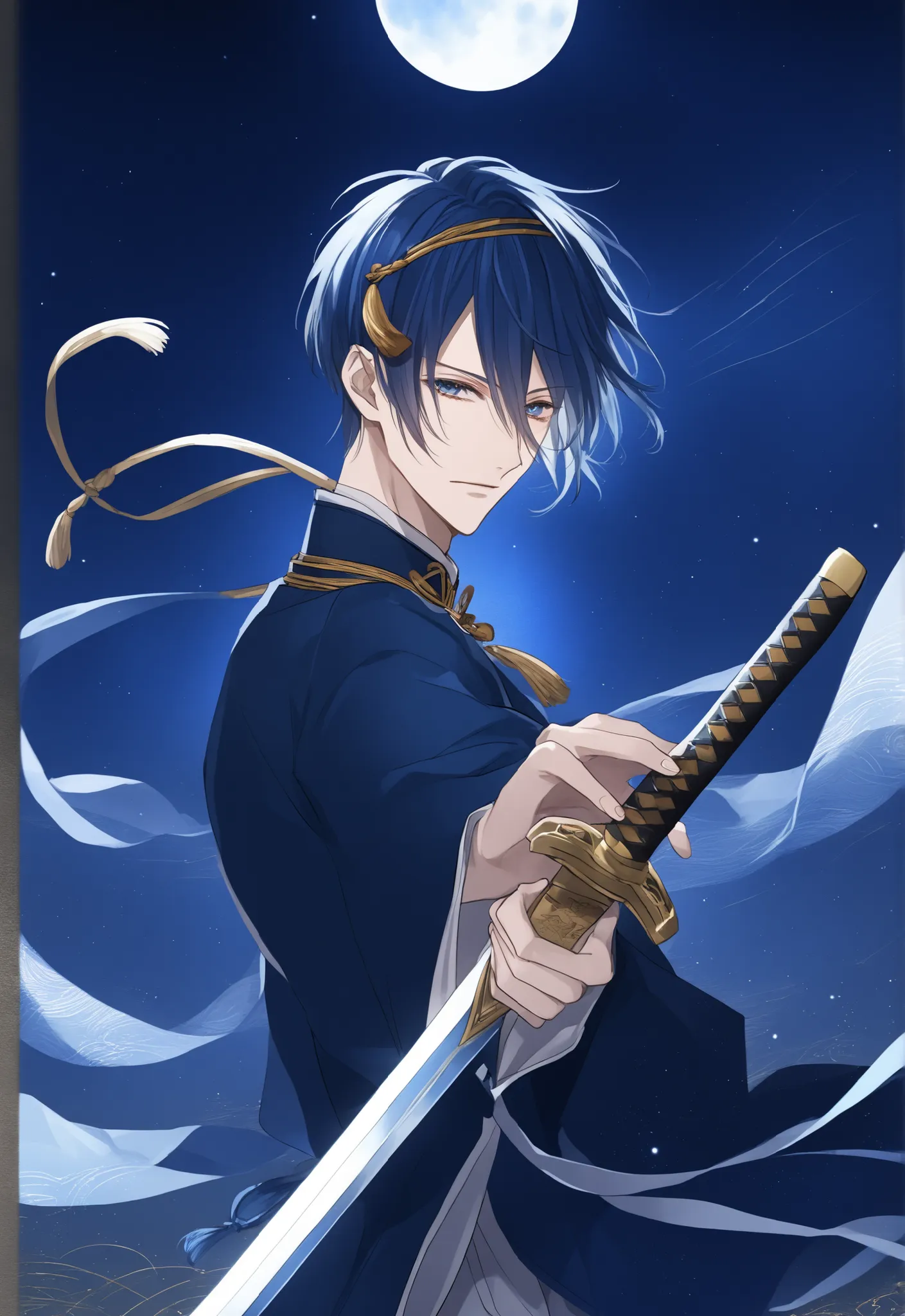 Mikazuki Munechika 、Touken Ranbu、hair swaying in the wind、 youth、Adult Male、blue hair、Blue short hair、blue eyes、magical effects、a dignified expression、 the night sky with the moon out、hold a sword、