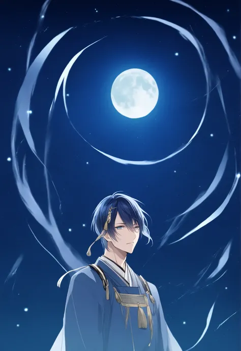 Mikazuki Munechika 、Touken Ranbu、hair swaying in the wind、 youth、Adult Male、blue hair、blue eyes、magical effects、dignified face、 the night sky with the moon out、