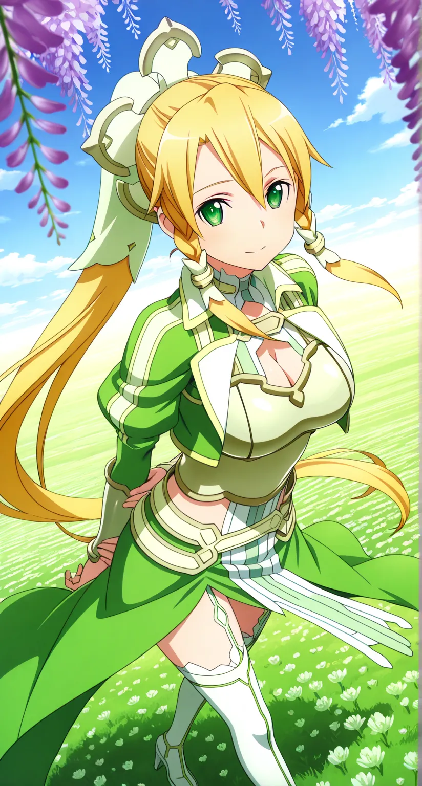 masterpiece,best quality,highres,ultra-detailed,masterpiece,detailed illustration,1girl,leafa (sao),shiny beautiful woman,dynamic angle,depth of field,green eyes,blonde hair,very long hair,ponytail,braid, twin braids,hair ornament,cleavage,dress,green dres...