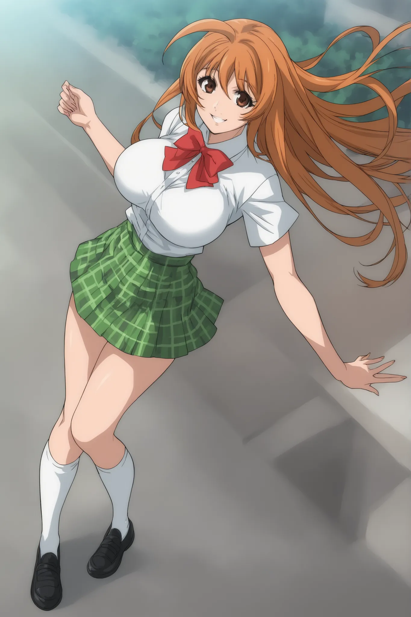 best quality,masterpiece,looking at viewer,absurdres,1girl,score_9,score_8_up,score_7_up,source_anime BREAK natsume aya,orange hair,long hair,brown eyes,ahoge,breasts,white ,skirt,bow,plaid,large breasts, plaid, green plaid skirt, smile, white socks, black...