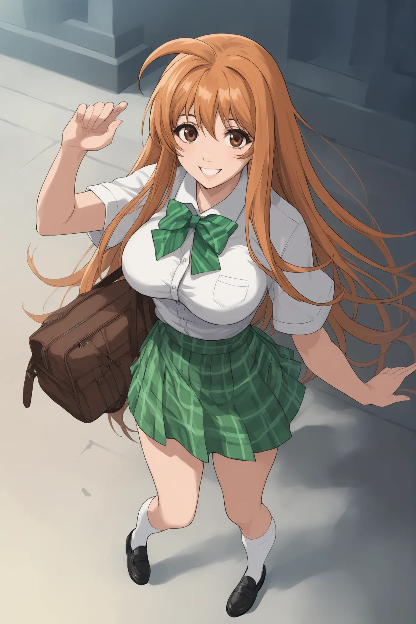 best quality,masterpiece,looking at viewer,absurdres,1girl,score_9,score_8_up,score_7_up,source_anime BREAK natsume aya,orange hair,long hair,brown eyes,ahoge,breasts,white ,skirt,bow,plaid,large breasts, plaid, green plaid skirt, smile, white socks, black...