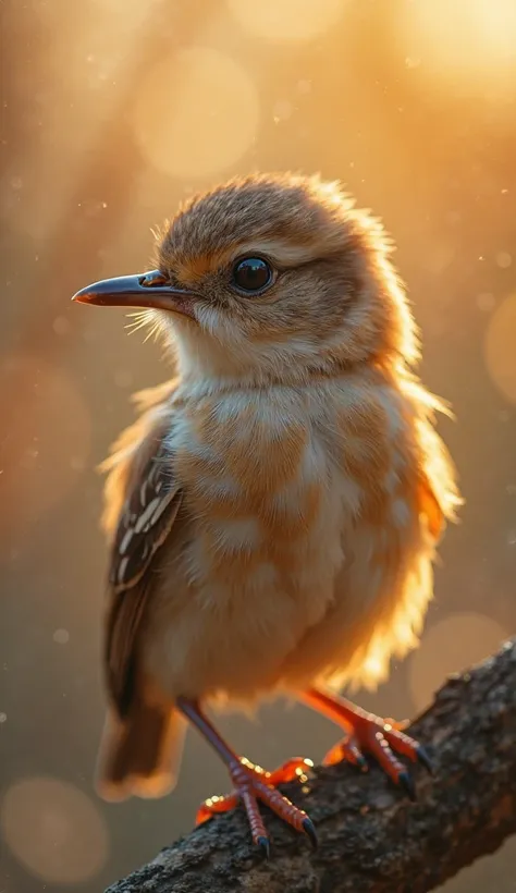 A mesmerizing close-up portrait of a gorgeous little bird illuminated by the soft, golden light of a tranquil morning, with vibrant bokeh balls gently framing its delicate form.
