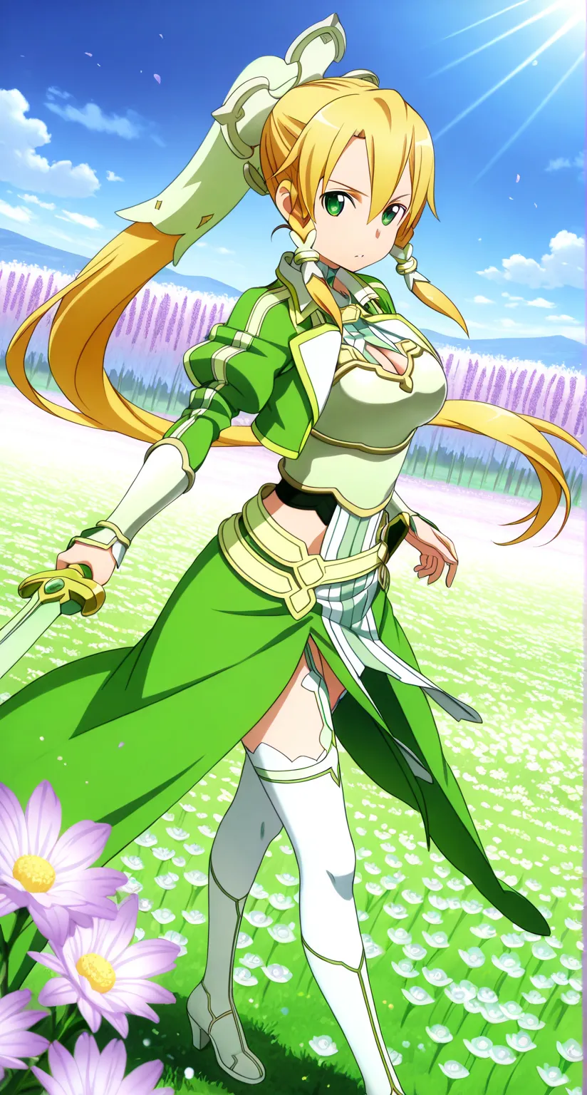 masterpiece,best quality,highres,ultra-detailed,masterpiece,detailed illustration,1girl,leafa (sao),shiny beautiful woman,dynamic angle,depth of field,green eyes,blonde hair,very long hair,ponytail,braid,hair ornament,cleavage,dress,green dress,armor,breas...