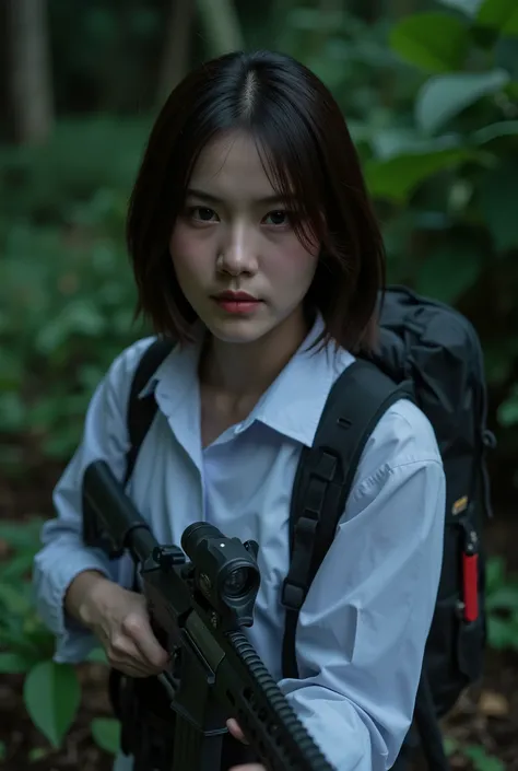 cinematic movie image high resolution, full body action portrait of a very beautiful thai modeling, sharpen eyes, white luminous skin, wearing white shirt hiking outfit, background is deep primeval forest, night time, she holding hunter riffle gun
