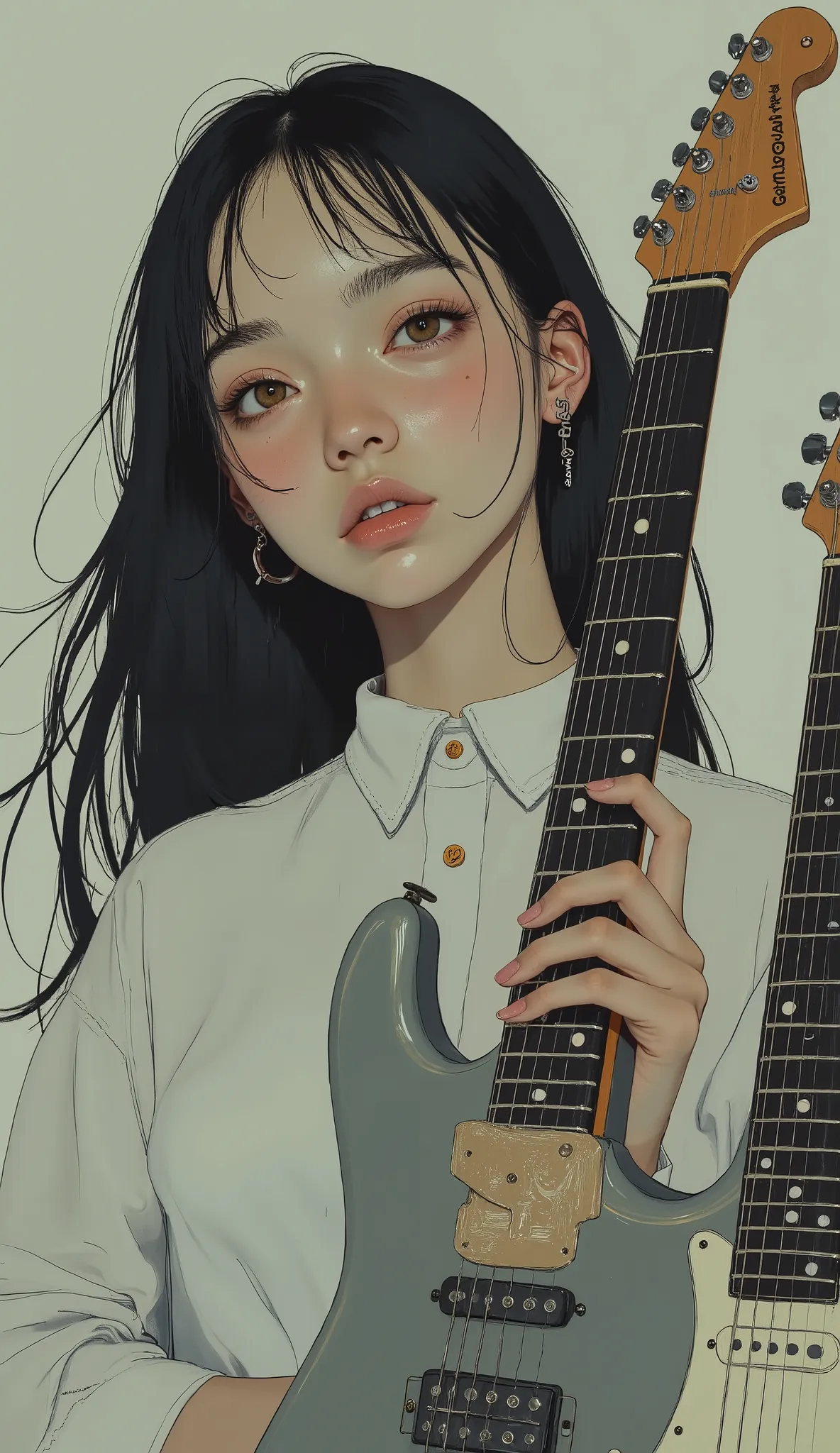 photo from a promotional shoot {x} a woman in a white shirt posing for a photo with a guitar, futuristic electric guitar, holding a silver electric guitar, Lead guitar, holding electric guitars, The girl plays the guitar , holding electric guitar, Lockout,...
