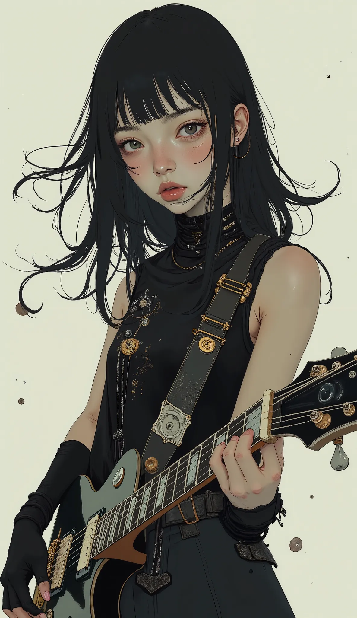 Long Women, 。flowing black hair has an electric guitar in it a lively, dynamic pose. she says 、I'm wearing a striking sleeveless black dress adorned with textured fabric details that add depth and movement to clothing。. her ensemble includes、Black gloves...