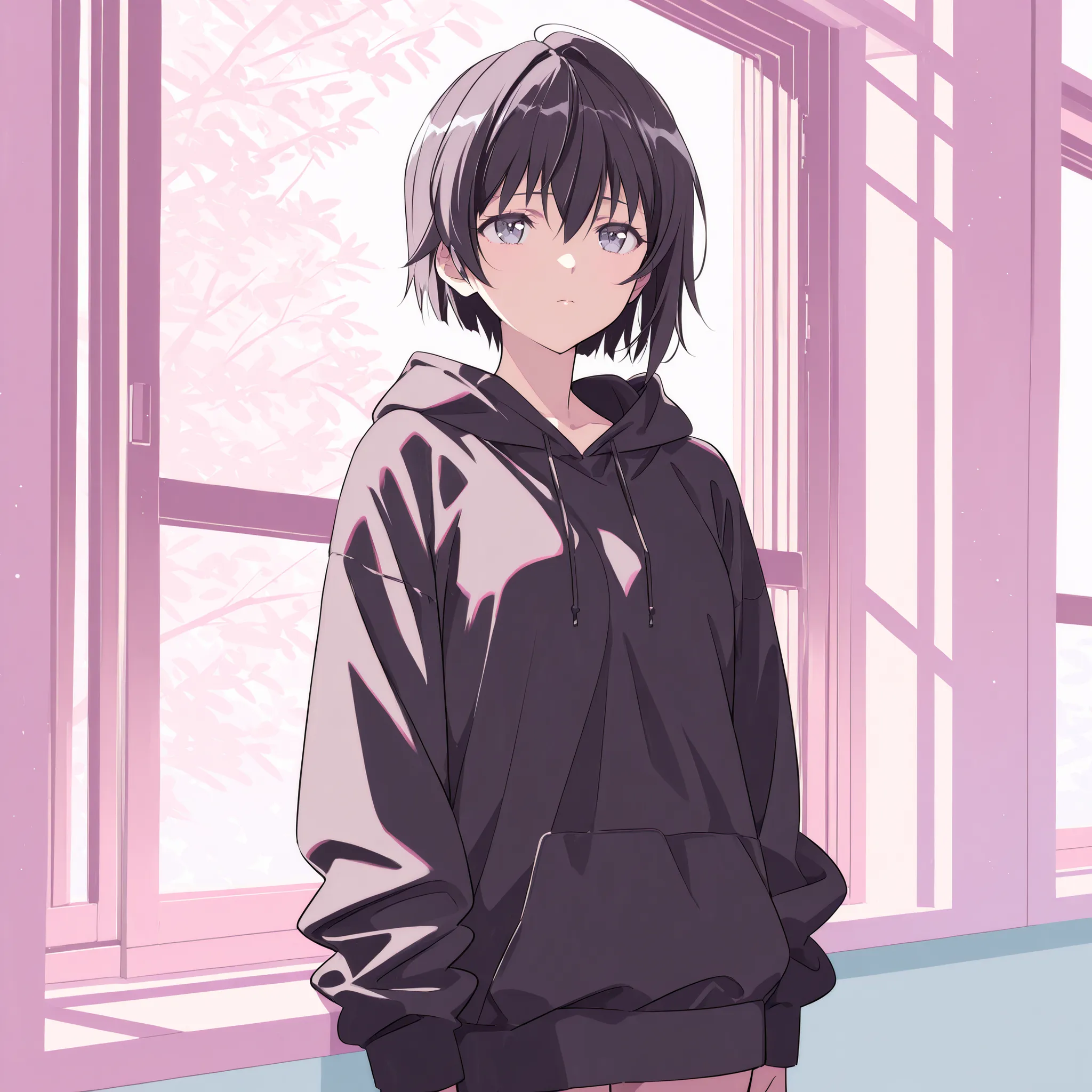 (masterpiece, Highest Quality, ULTRA DETAIL), 
a sad anime girl with dark hair that reaches her shoulders, gaze into the distance, 
wearing a black hoodie, standing by a rainy window, looking at this，soft indirect lighting, pastel colors, Delicate Line Art...