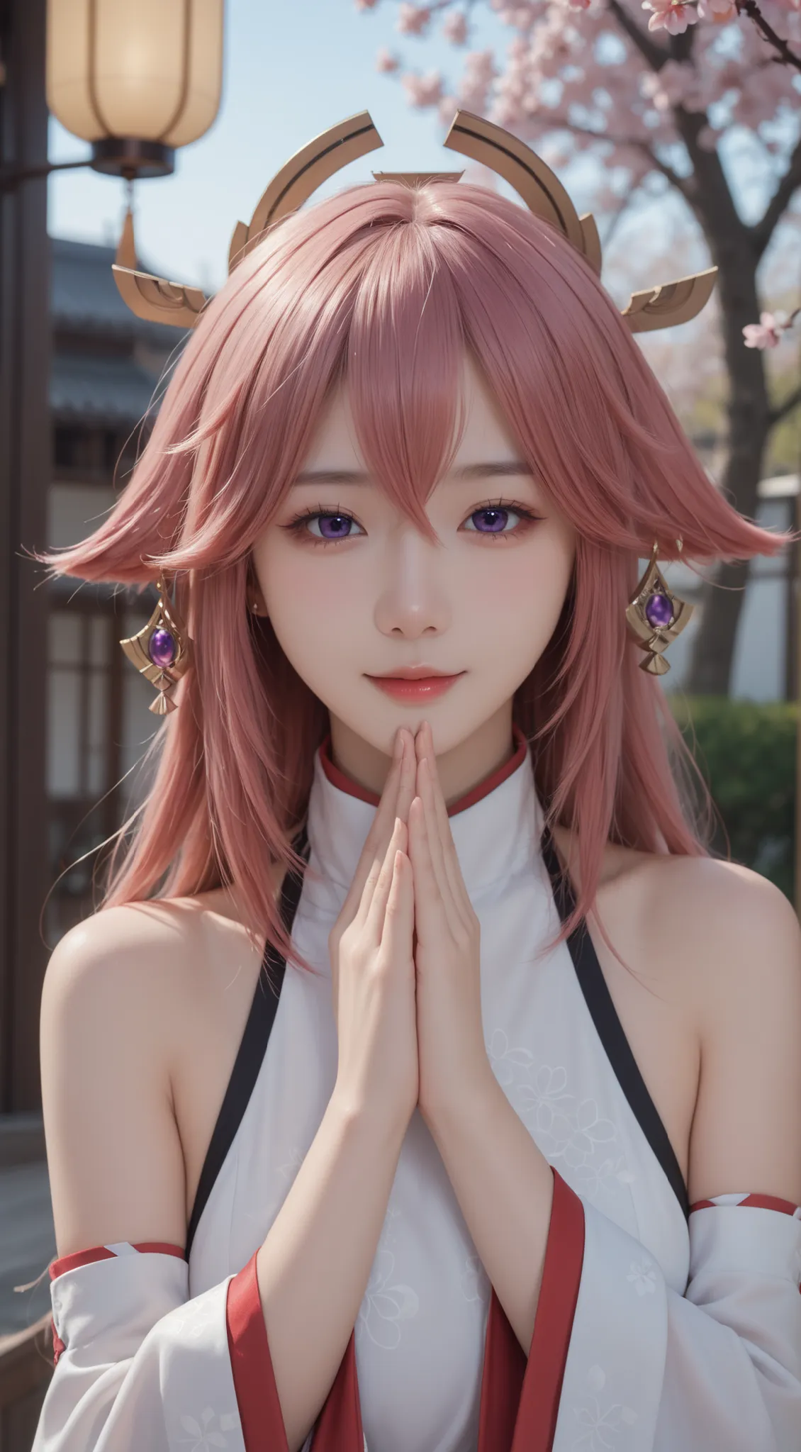 ((Masterpiece, best quality, shadows and highlights)), 1girl, yae miko, detached sleeves, bare shoulders, pink hair, long hair, japanese clothes, best quality, (hair ornament:1.35), jewelry, purple eyes, seduce eyes, charming smile, earrings, breasts, tori...