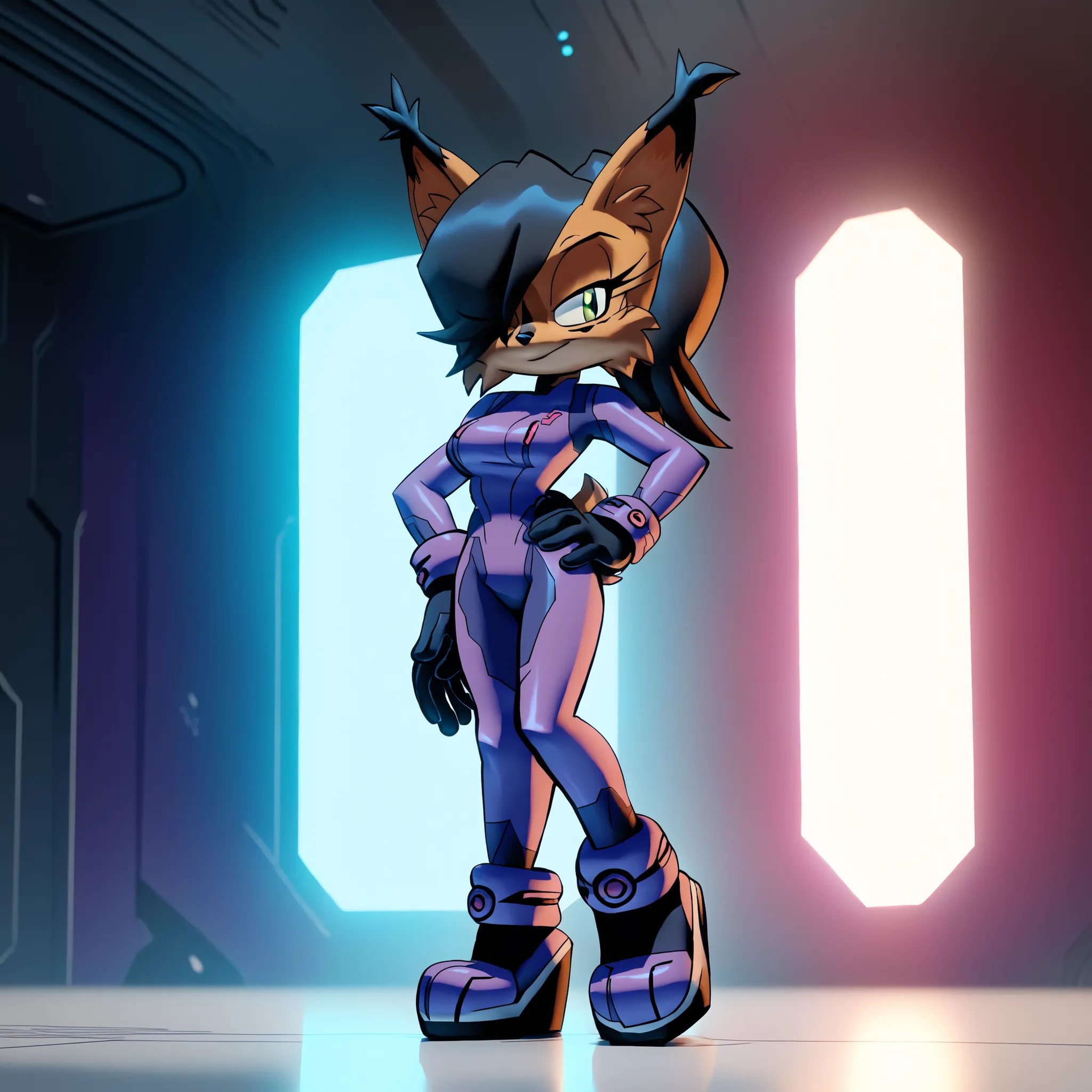(Hair bangs over one eye), long black hair, ponytail, long hair, nicole the lynx, green eyes, black hair, brown fur, black eyes, zero suit, platform footwear, ((purple suit)), Mobian Lynx, 1girl, (Lynx), bigdad/character, (Mobian), female, young adult, bre...