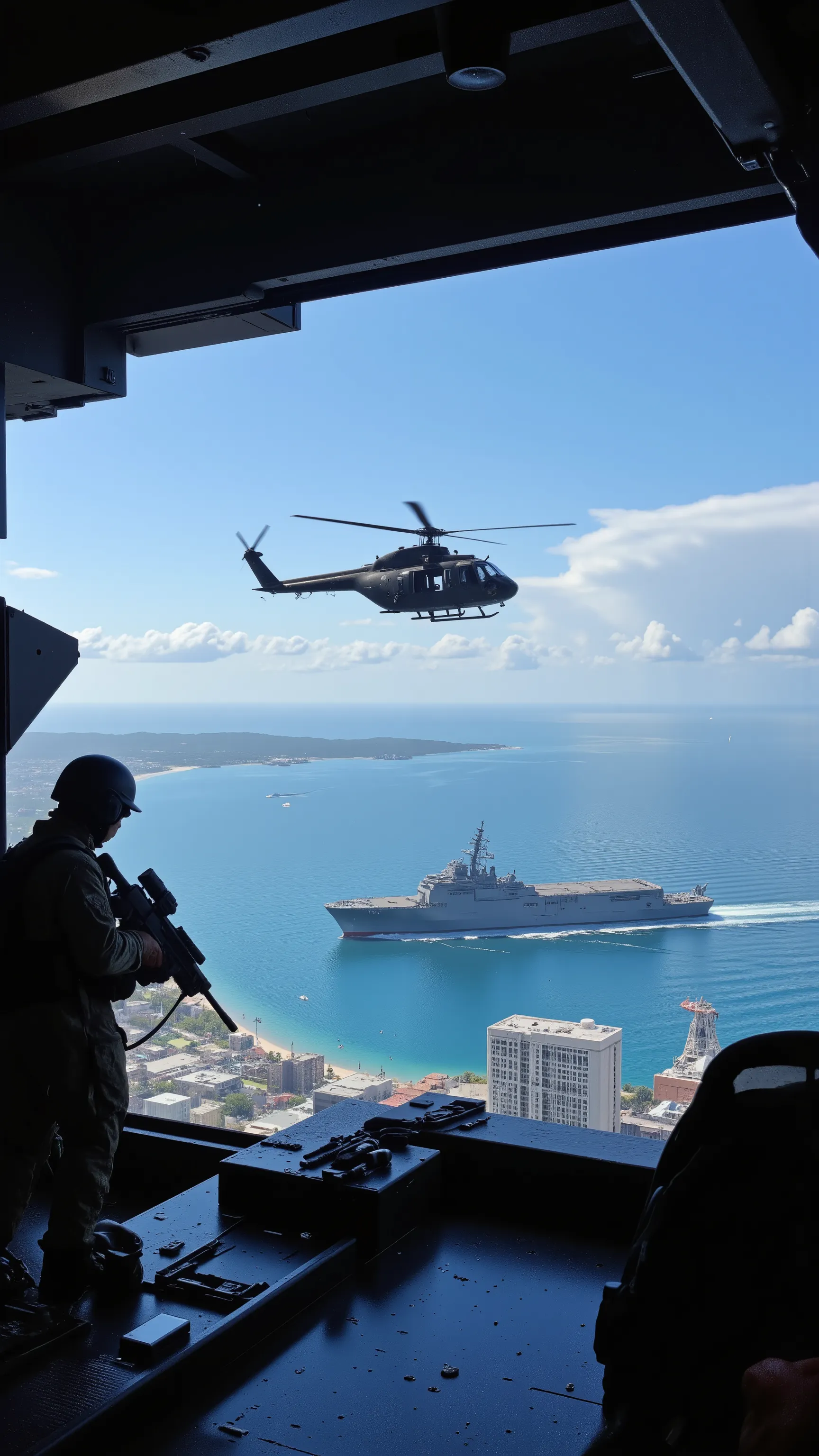 high resolution images、line of sight from a UH-1Z that performs military training at high altitude、creative ocean light images、UH-1Z shining in the blue sky、beautiful coastline of Florida、Marines holding a machine gun in a gunport at the edge、((masterpiece...