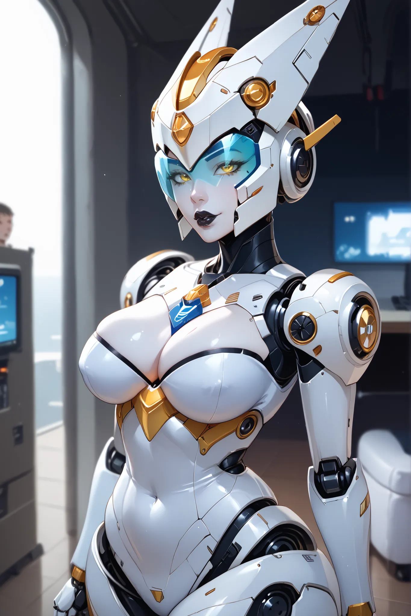 Greatest Masterpiece、Beautiful depiction、 Sexy girl、 yellow eyes、 big lips、 black lipstick、Female Robot、Robot Beauty 、Breasts are machines、 giant robot breasts、Big  of a substandard robot、 full face helmet head 、Visor that conceals up to the mouth、spaceshi...