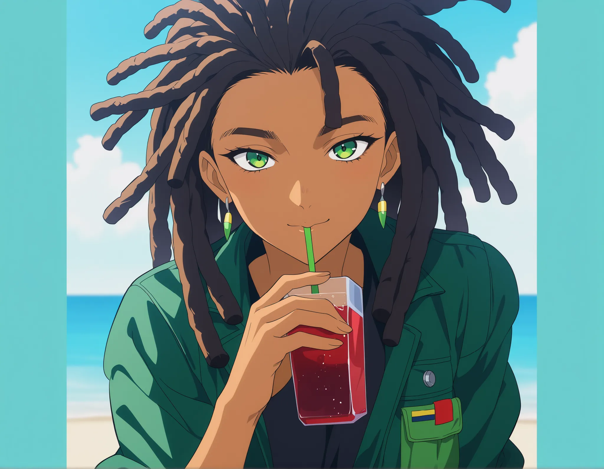 Aesthetic photo, beautiful female, brown skin Cuban woman, wearing green pocket jacket, sharp green eyes, drinking juice, anime HD, masterpiece anime, high quality, dreadlocks hair