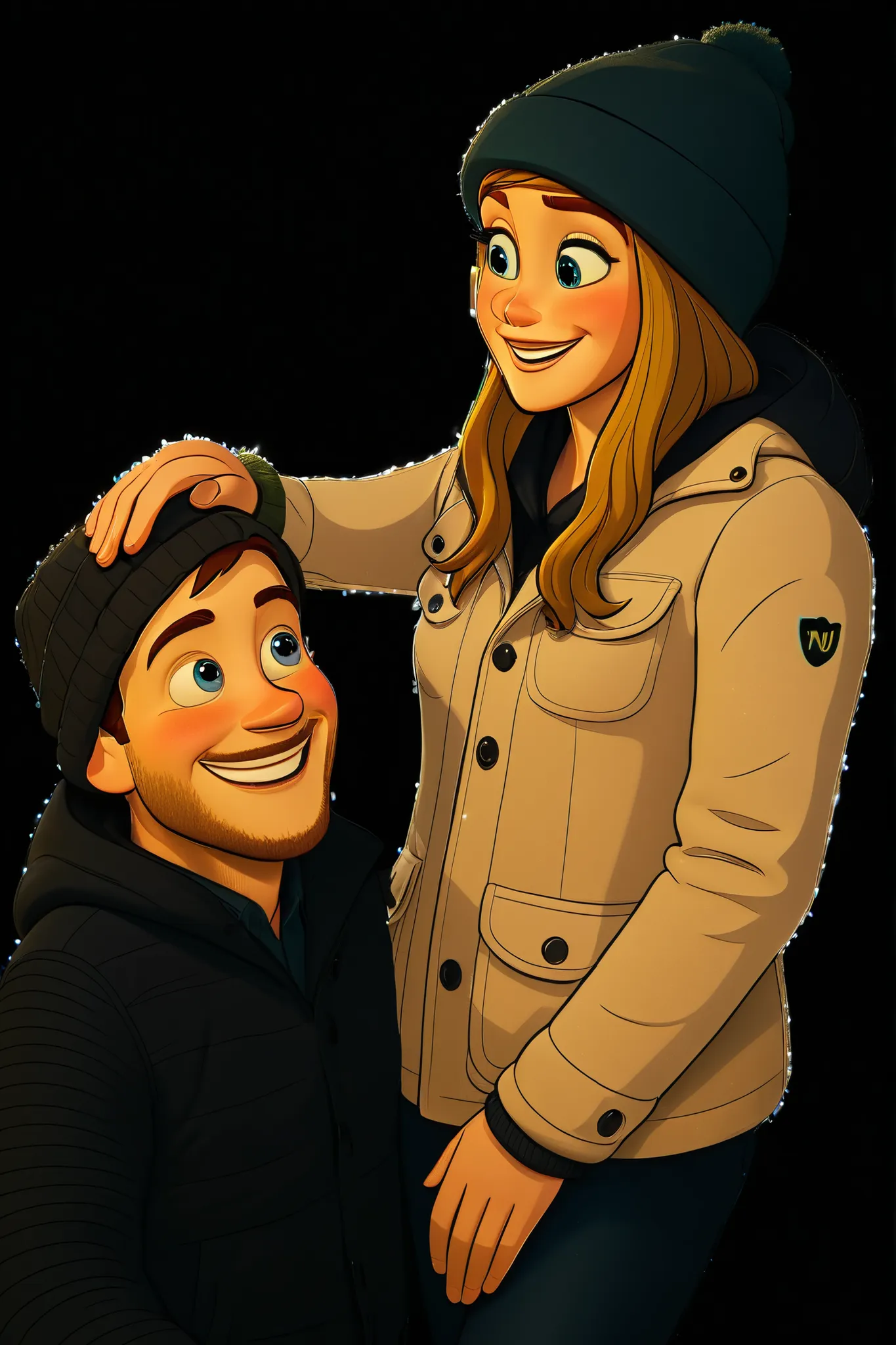 A joyful Pixar-style 3D animated portrait of a loving couple sharing a playful winter moment. The woman stands smiling warmly, gently patting the head of her partner, who kneels below her, eyes closed and face lit up with a beaming, exaggerated Pixar-style...