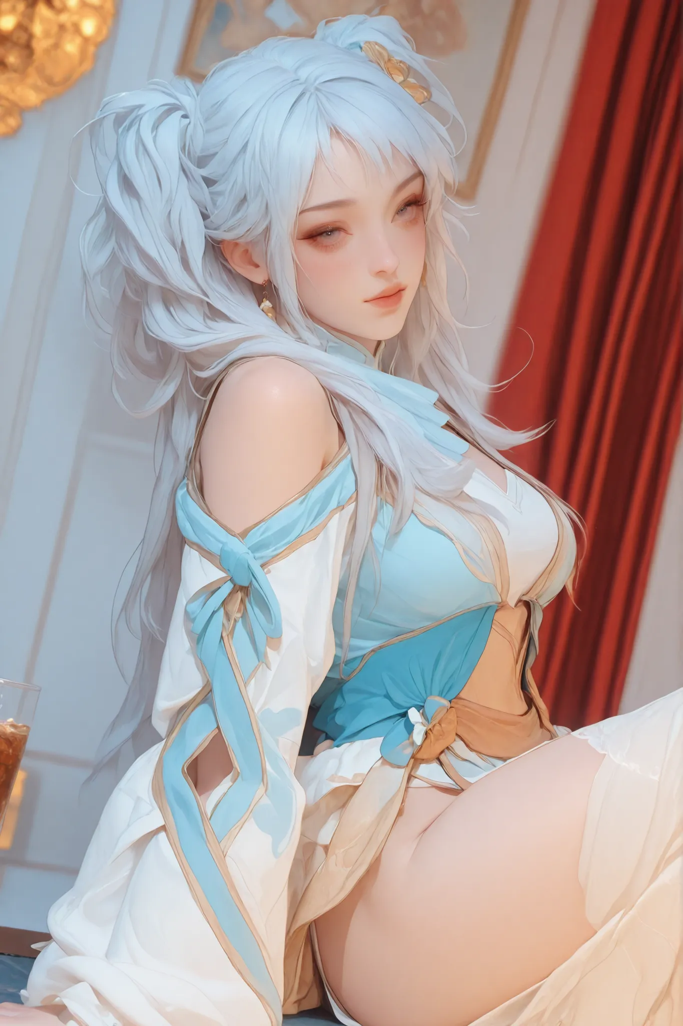 Change to a full-body photo of a woman，G cup， are perfectly detailed，has exquisite facial features， Clothes are exquisite ， Game Character Design ，3D Rendering