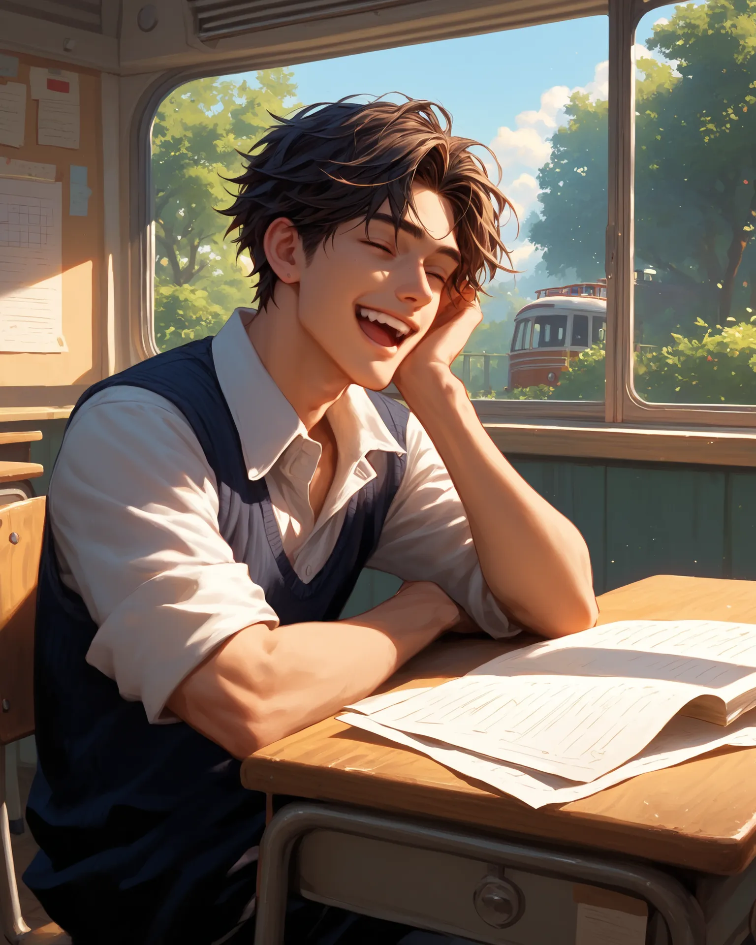 A digital illustration of a Indonesian boy sitting quietly at a wooden school desk in a rustic classroom, gazing at a colorful brochure of a tourist bus and amusement park. Soft morning sunlight filters through the window, casting a warm glow on his hopef...