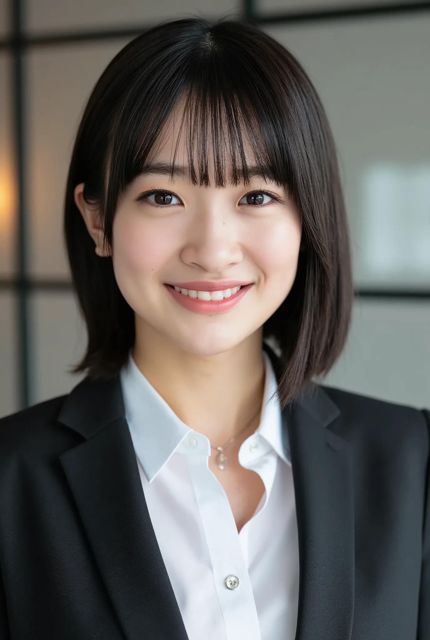 Neat Young Woman、and look at the camera、smile showing teeth、office lady suit、jacket、shirt、Hairstyle Shortcuts、bob hair、black hair、、necklace、dark eyeshadow、upper body、Background is in a room、
