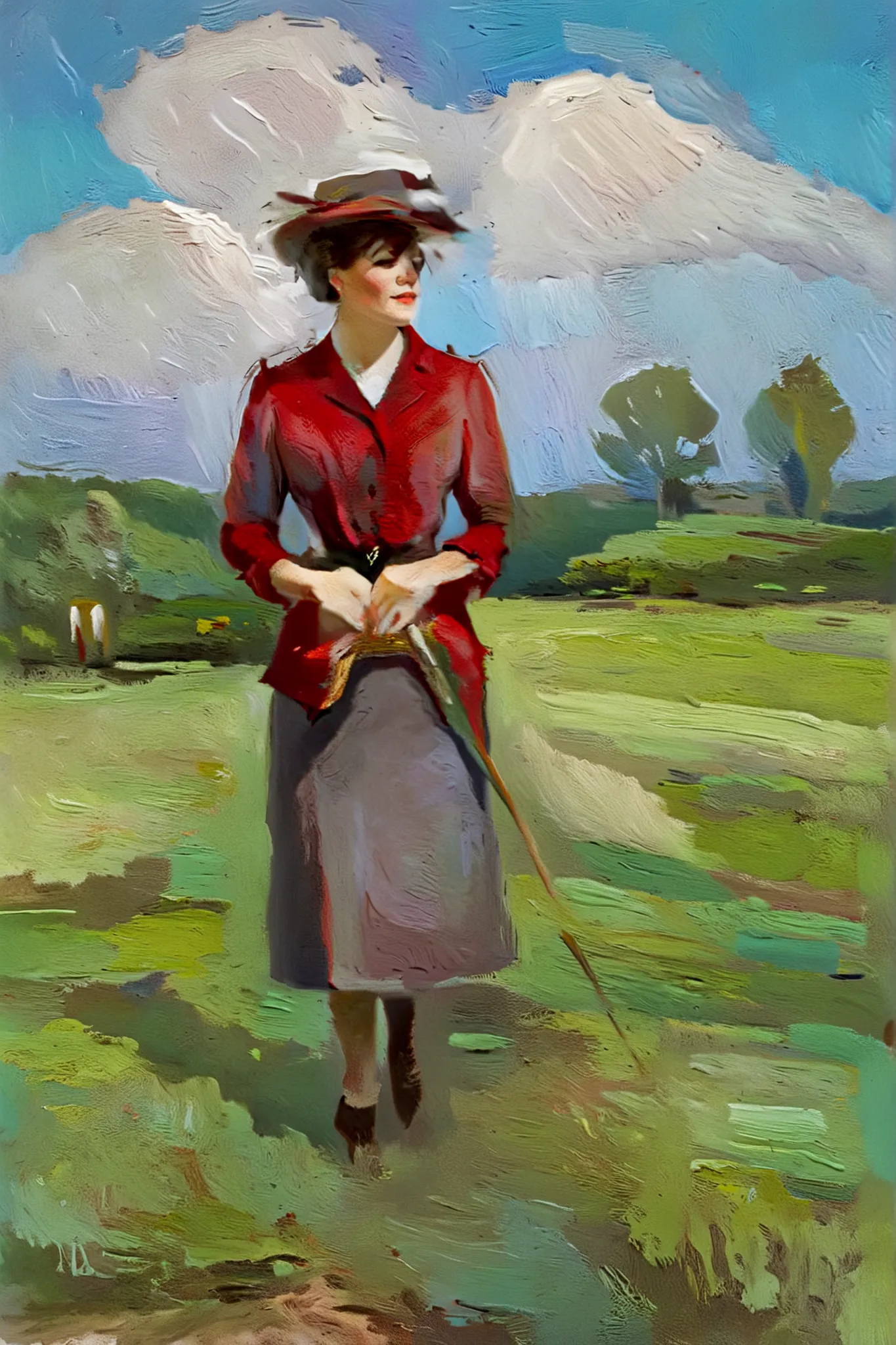 artwork that reproduces Claude Monet's Impressionist style, portrait woman Thick Textured Oil Painting , Impasto brushstrokes , red , green , Blues , Dry brushing , The lower layers are revealed , abstract landscape , Moody Lighting , dramatic shadow , C...